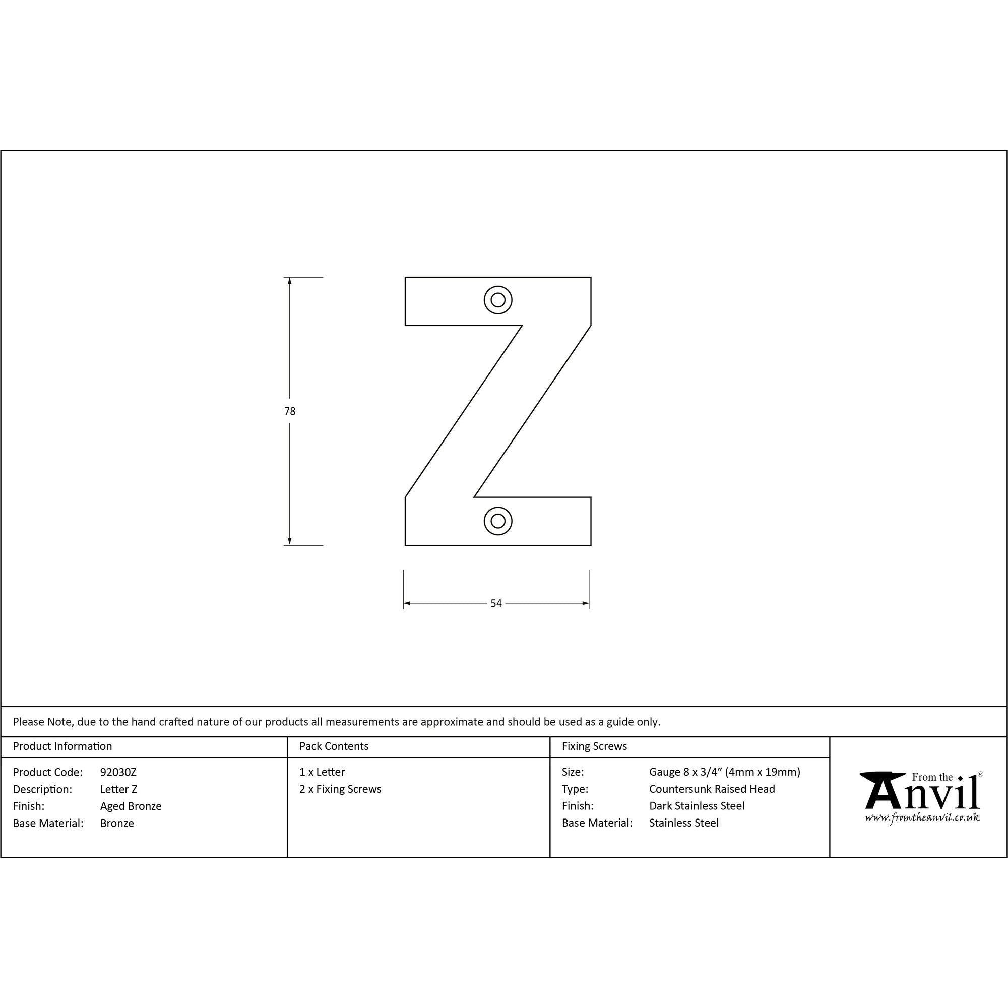Aged Bronze Letter Z | From The Anvil - Letters - From The Anvil - Yester Home