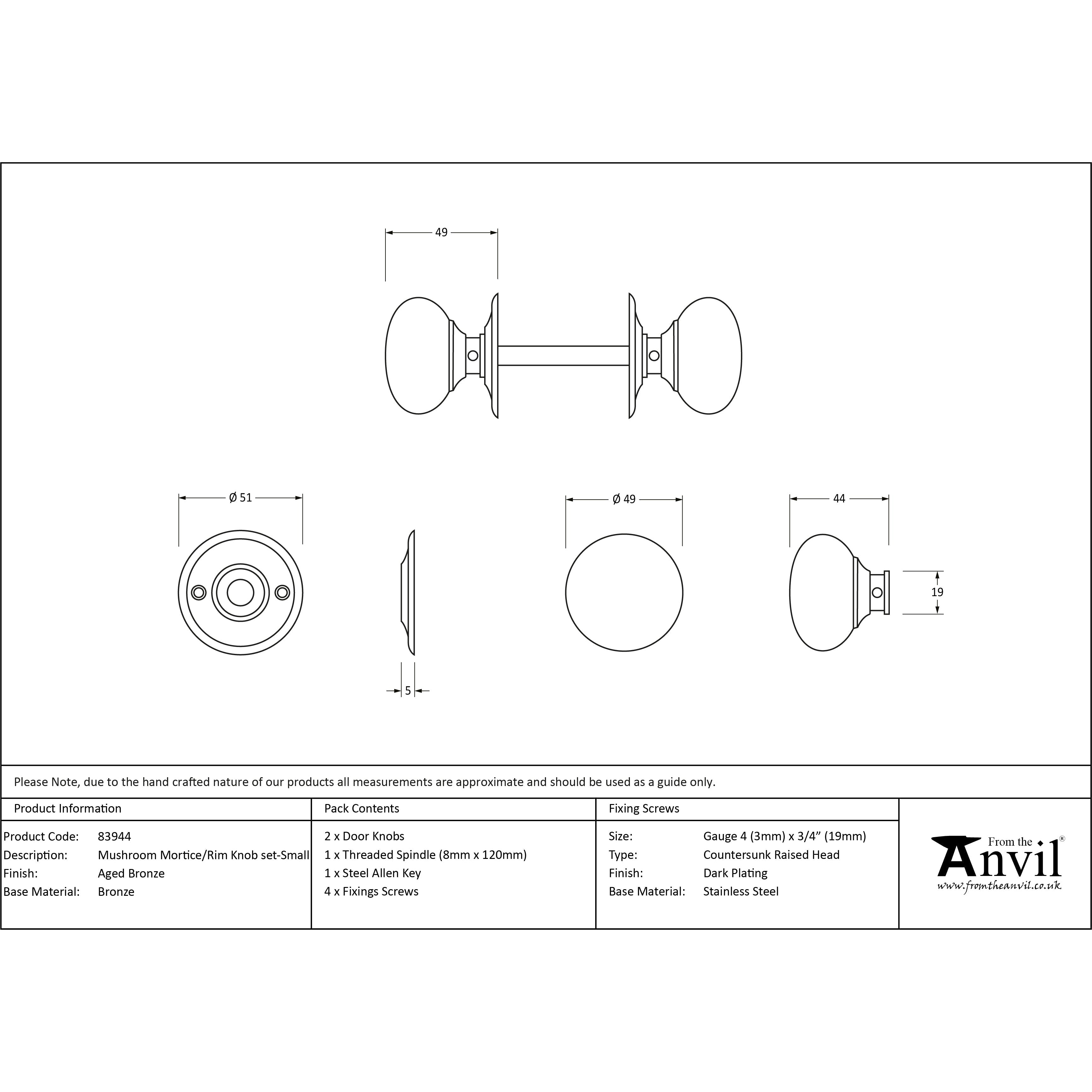 Aged Bronze Mushroom Mortice/Rim Knob Set | From The Anvil-Mortice Knobs-Yester Home