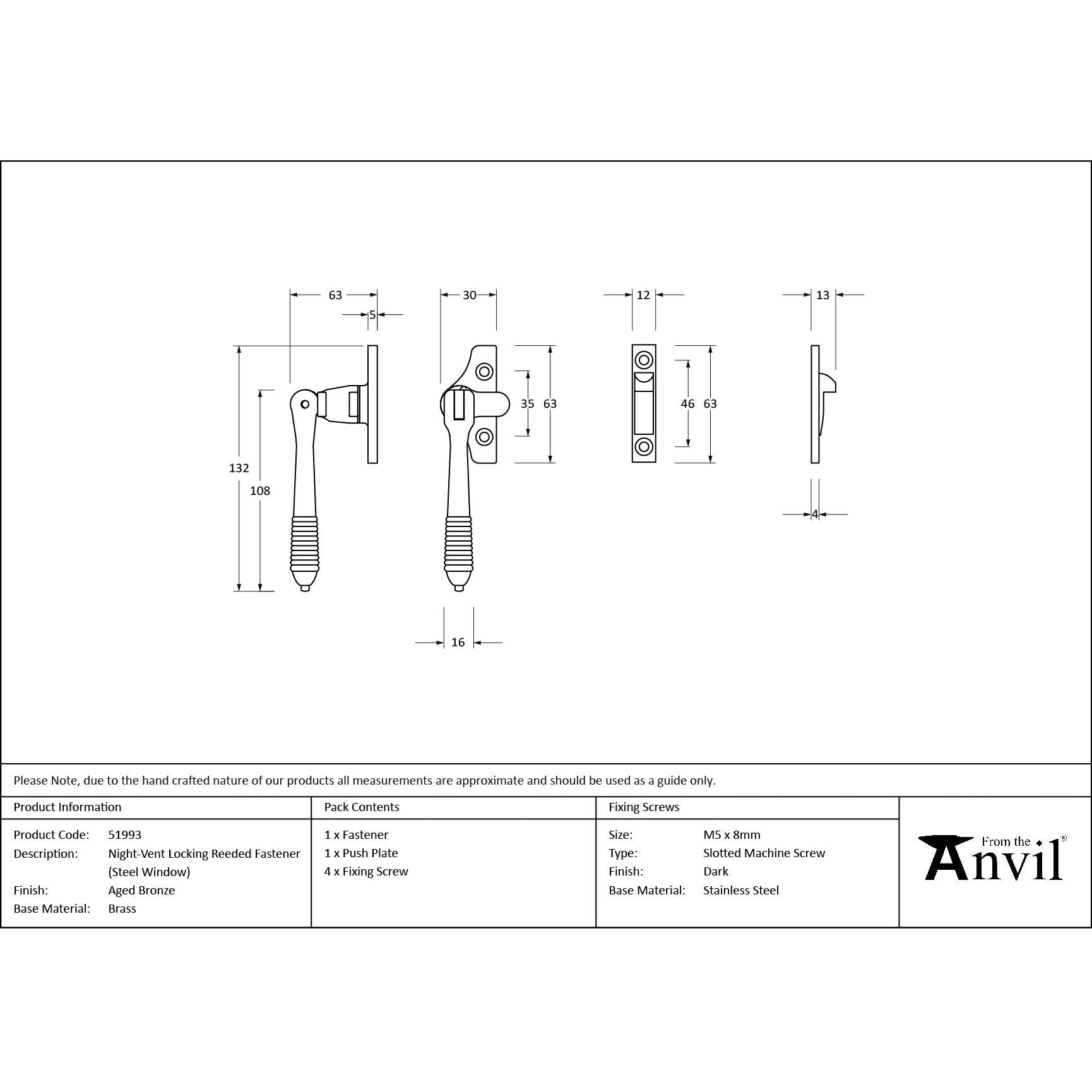 Aged Bronze Night-Vent Locking Reeded Fastener (Steel Window) - Night-Vent Fasteners - From The Anvil - Yester Home