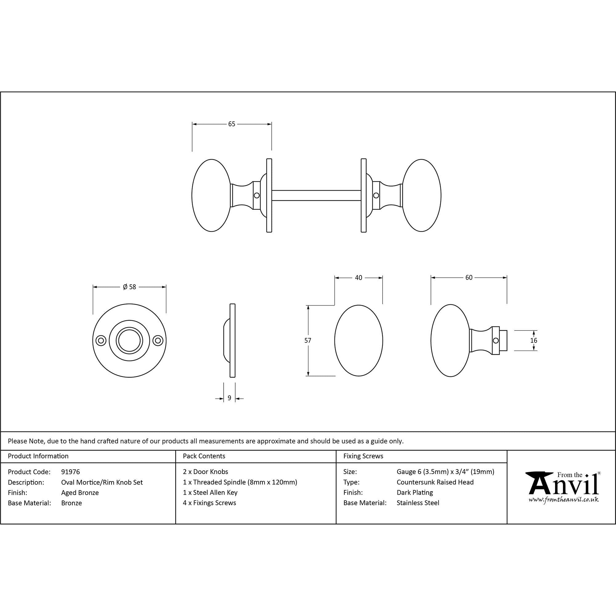 Aged Bronze Oval Mortice/Rim Knob Set | From The Anvil - Mortice Knobs - From The Anvil - Yester Home