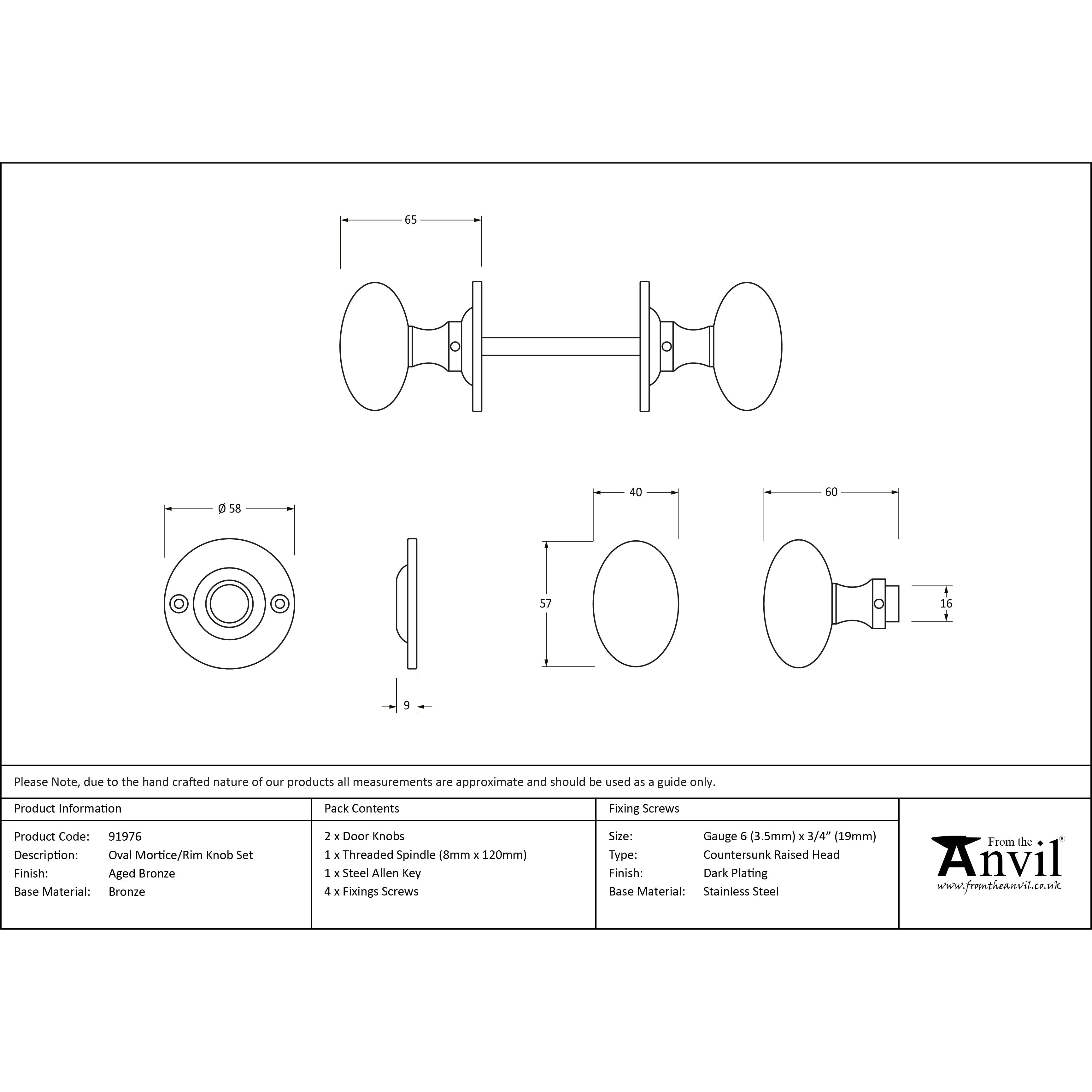 Aged Bronze Oval Mortice/Rim Knob Set | From The Anvil-Mortice Knobs-Yester Home