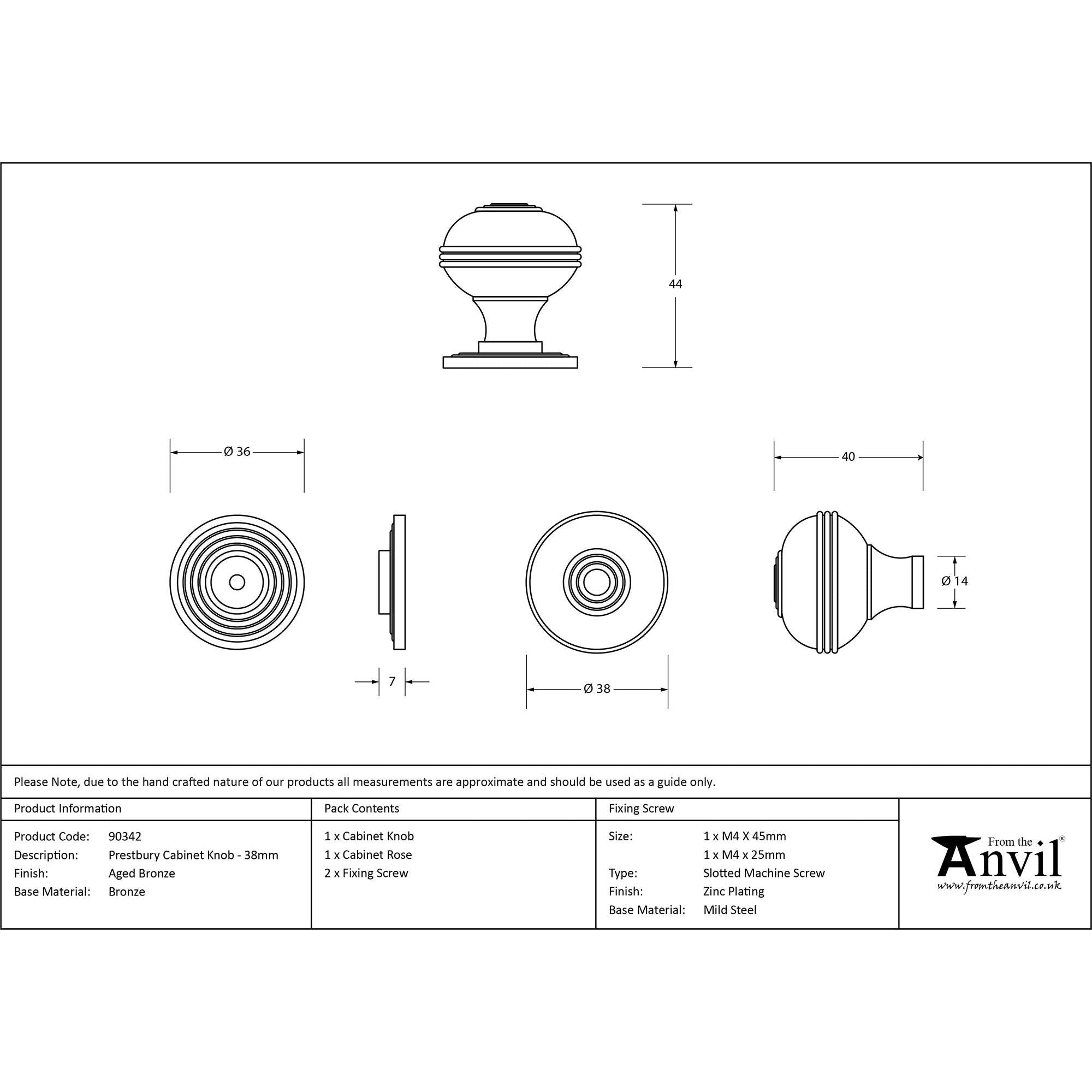 Aged Bronze Prestbury Cabinet Knob 38mm | From The Anvil - Cabinet Knobs - From The Anvil - Yester Home