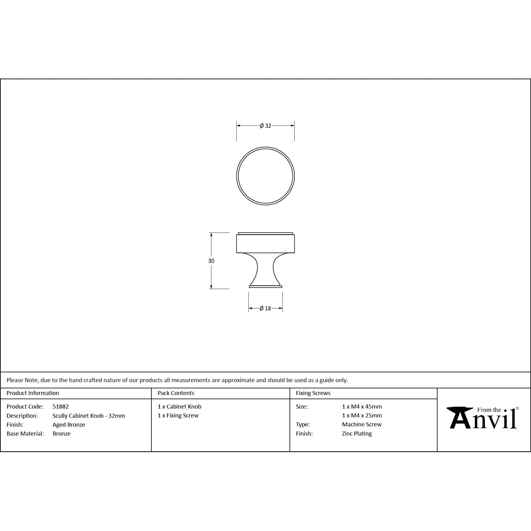 Aged Bronze Scully Cabinet Knob - 32mm - Cabinet Knobs - From The Anvil - Yester Home