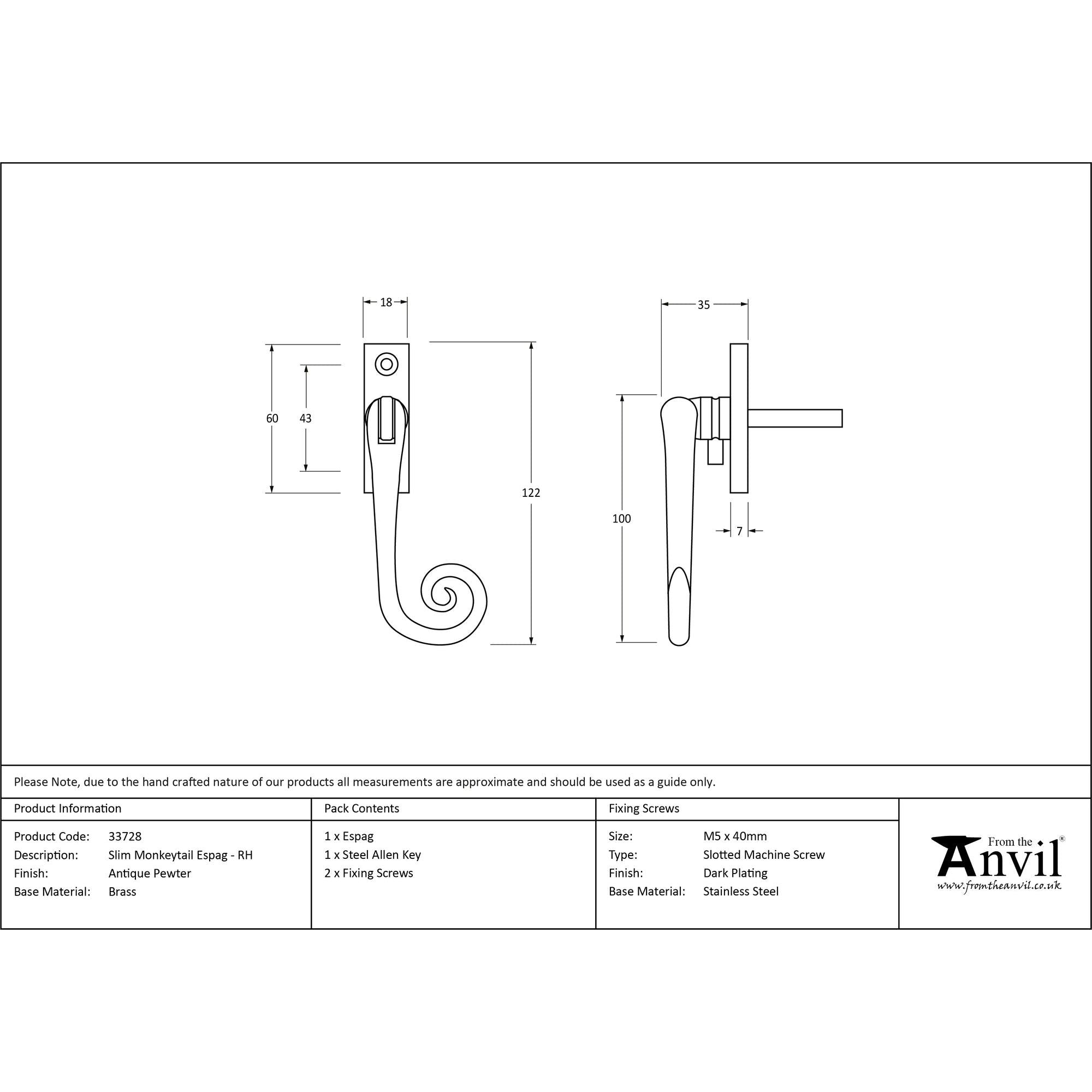 Antique Pewter Slim Monkeytail Espag - RH | From The Anvil - Espag. Fasteners - From The Anvil - Yester Home