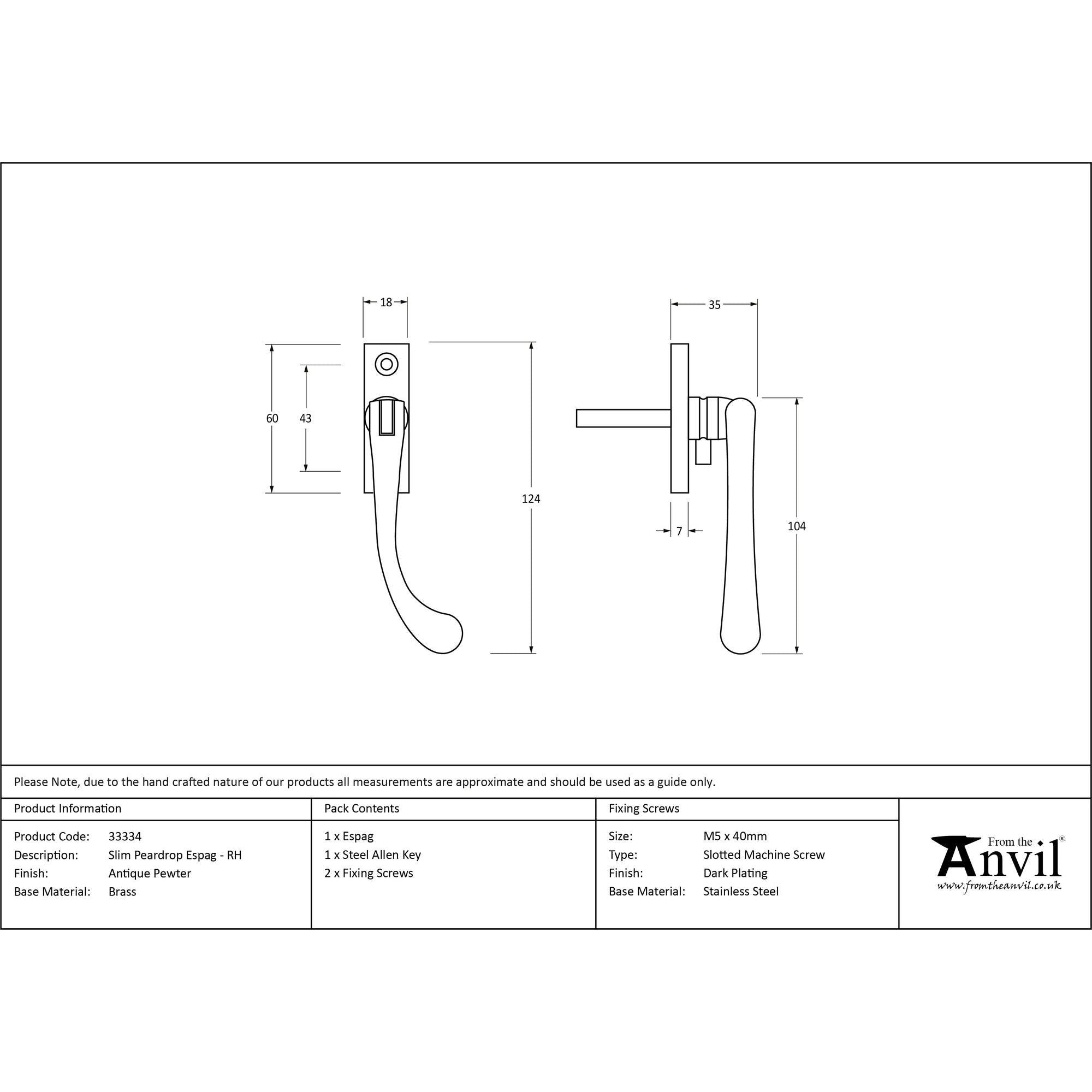 Antique Pewter Slim Peardrop Espag - RH | From The Anvil - Espag. Fasteners - From The Anvil - Yester Home