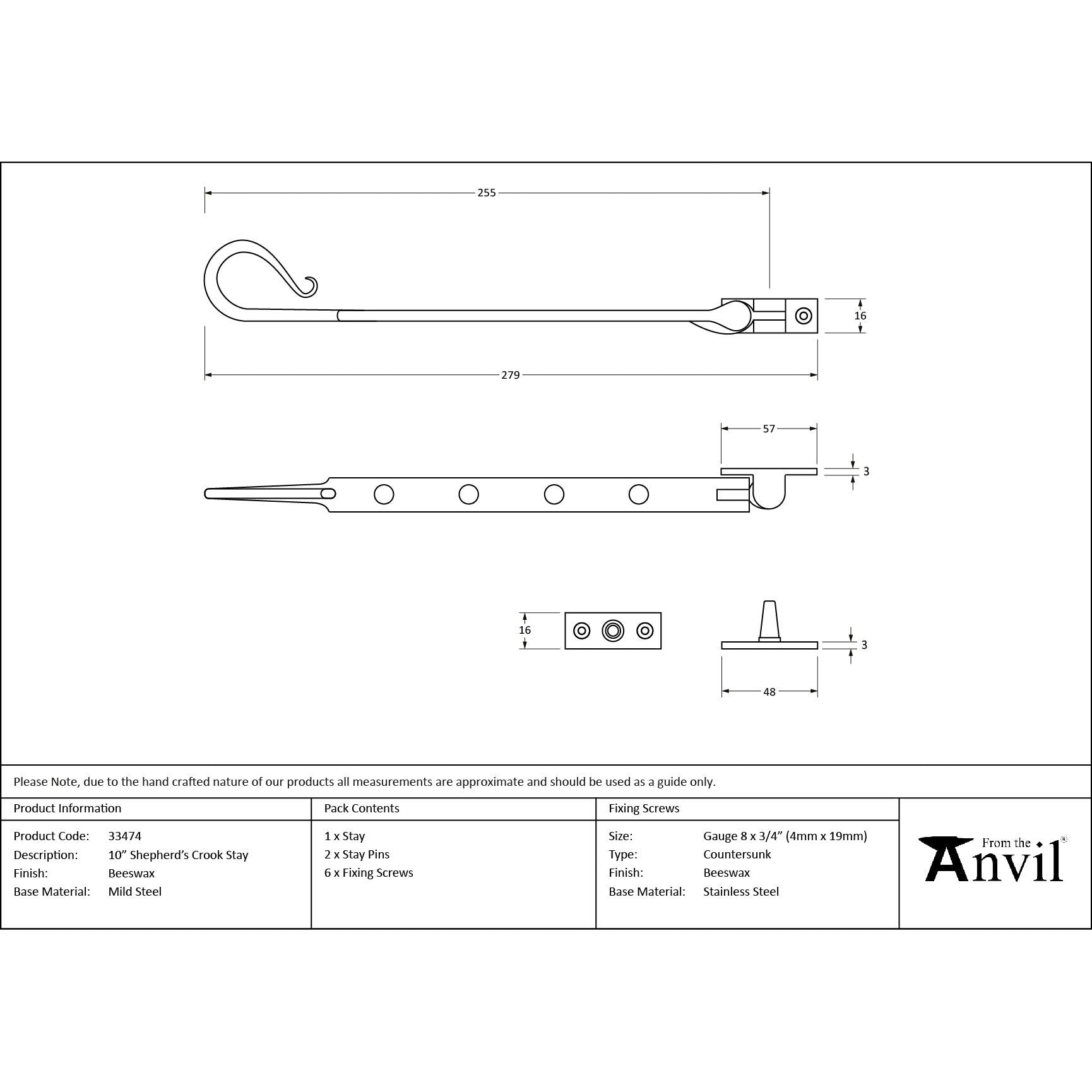 Beeswax 10" Shepherd's Crook Stay | From The Anvil - Stays - From The Anvil - Yester Home