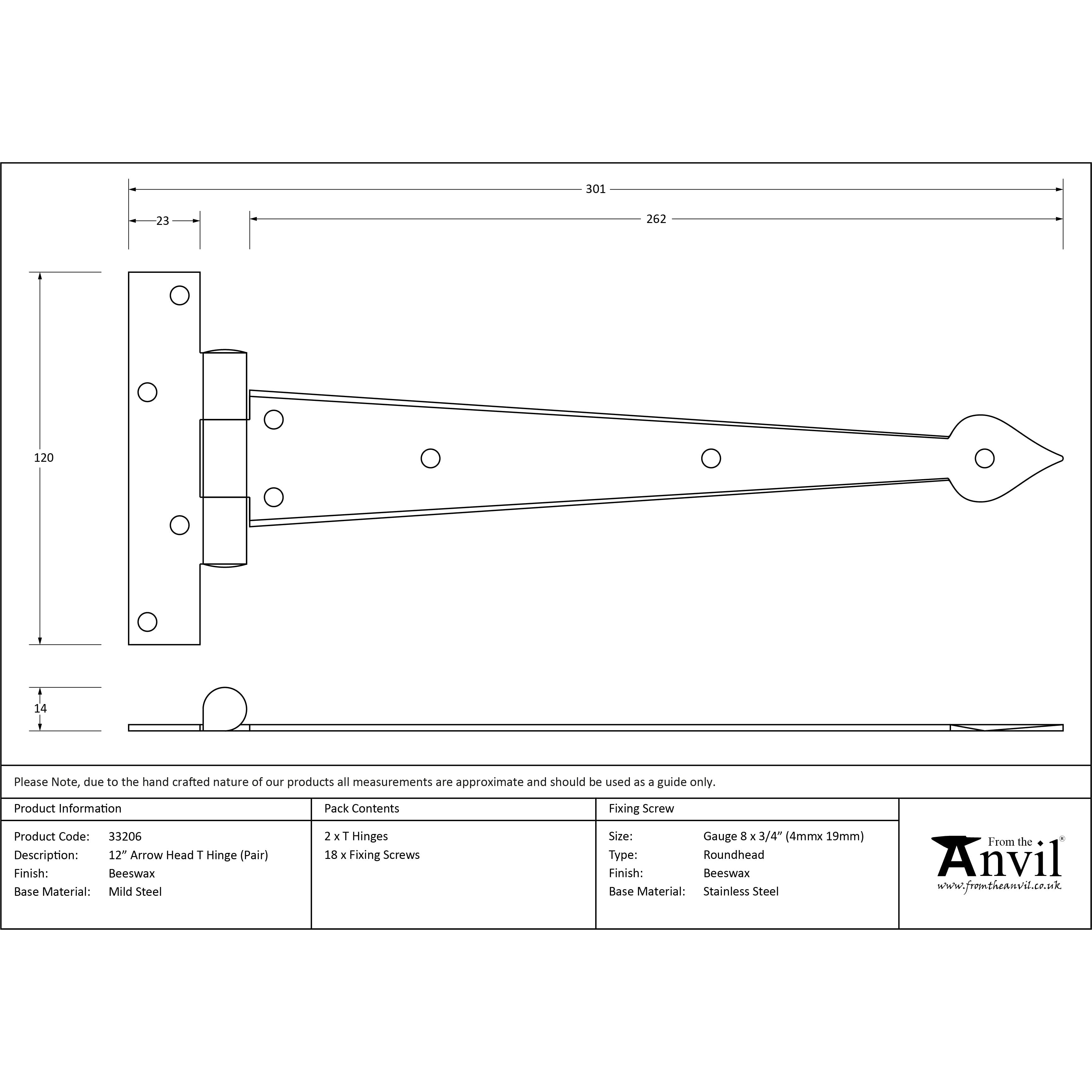Beeswax 12" Arrow Head T Hinge (pair) | From The Anvil-T Hinges-Yester Home