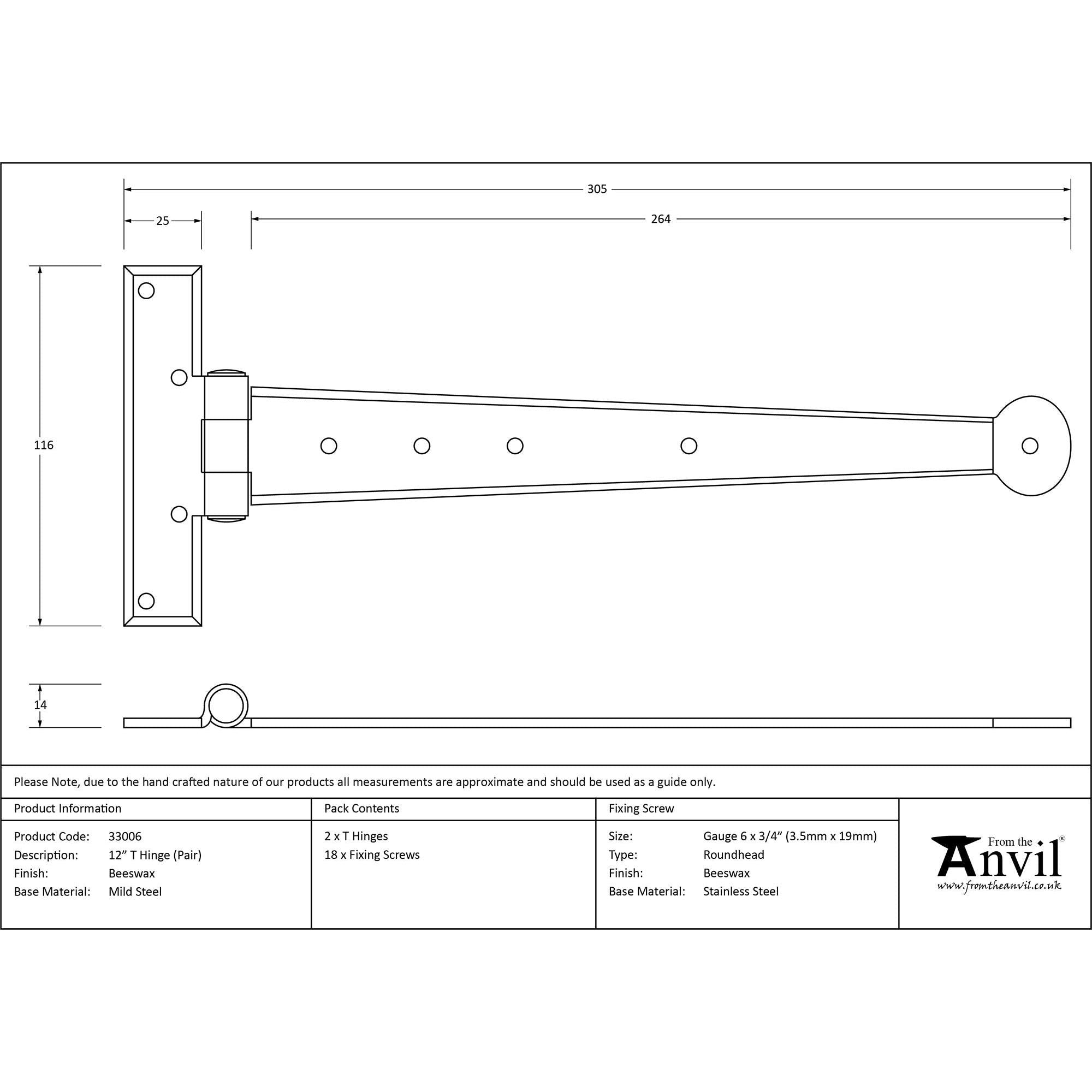 Beeswax 12" Penny End T Hinge (pair) | From The Anvil - T Hinges - From The Anvil - Yester Home