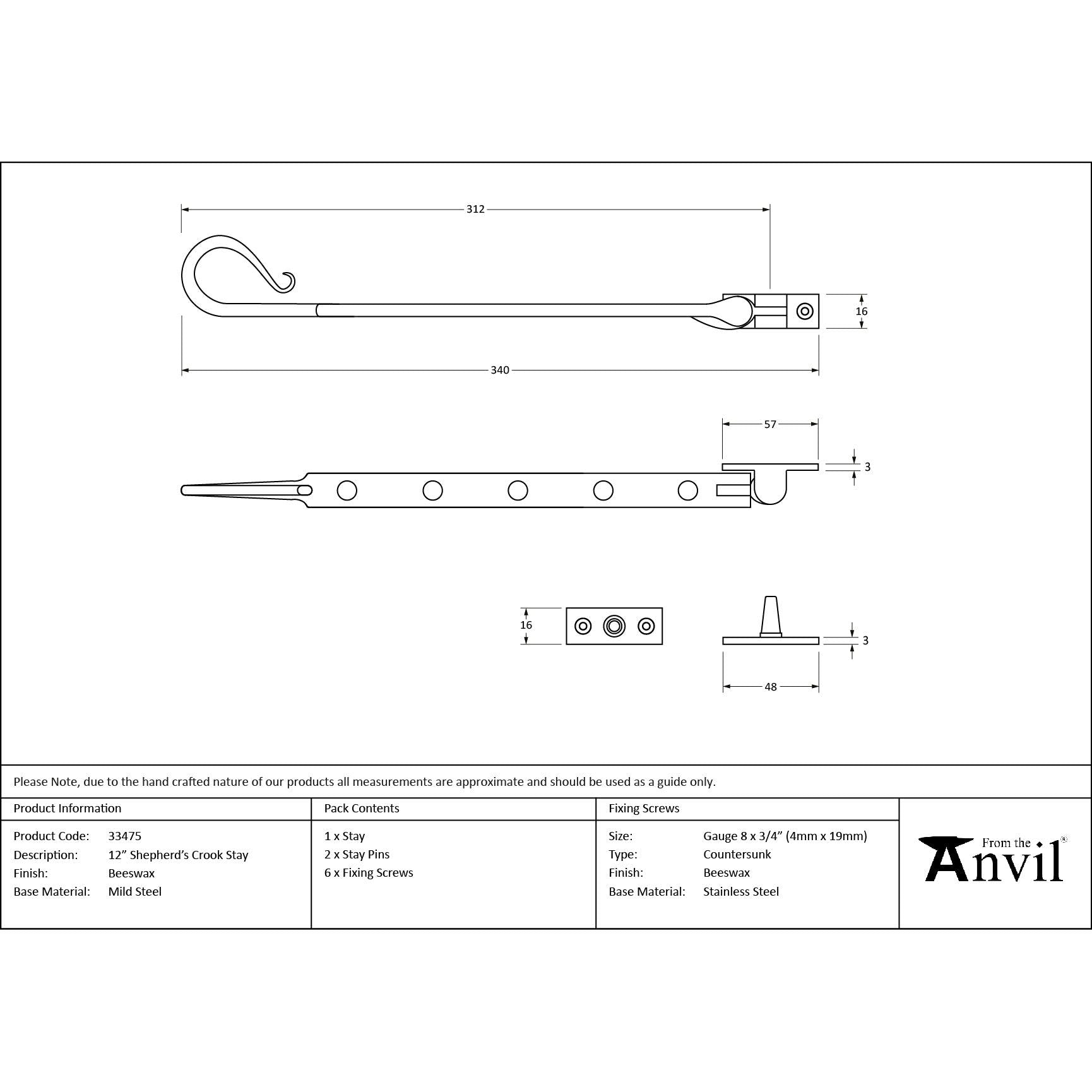 Beeswax 12" Shepherd's Crook Stay | From The Anvil - Stays - From The Anvil - Yester Home