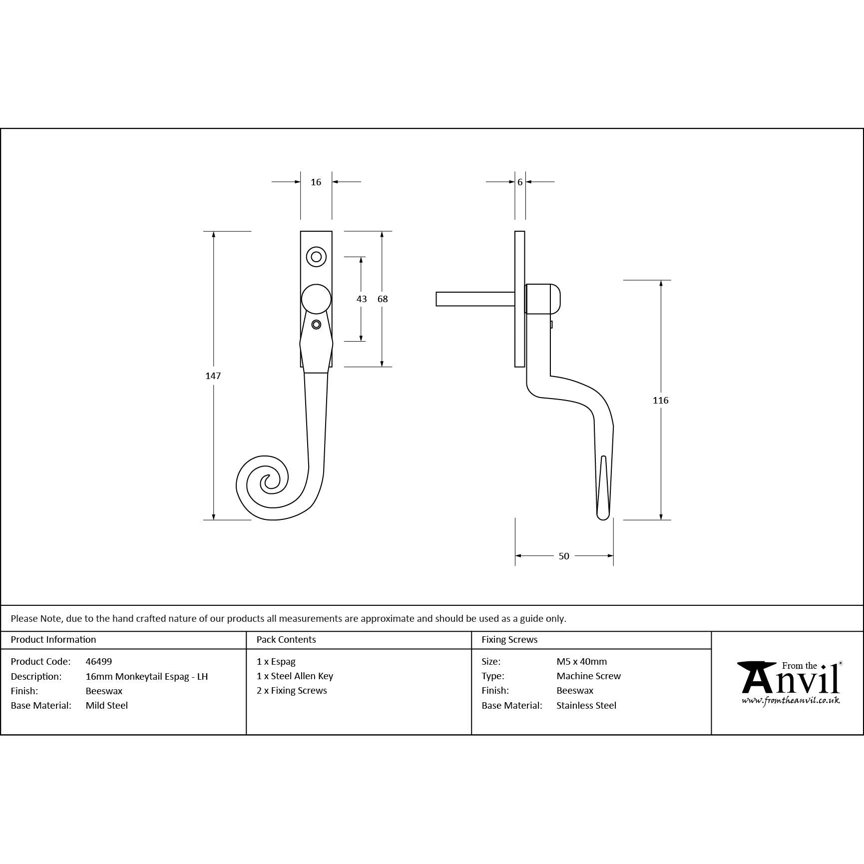 Beeswax 16mm Monkeytail Espag - LH | From The Anvil - Espag. Fasteners - From The Anvil - Yester Home