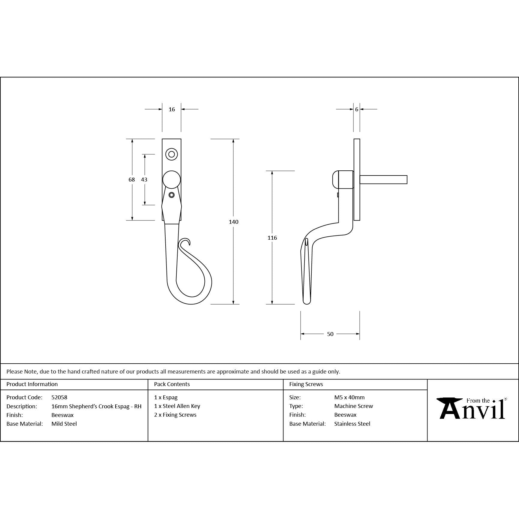 Beeswax 16mm Shepherd's Crook Espag - RH - Espag. Fasteners - From The Anvil - Yester Home