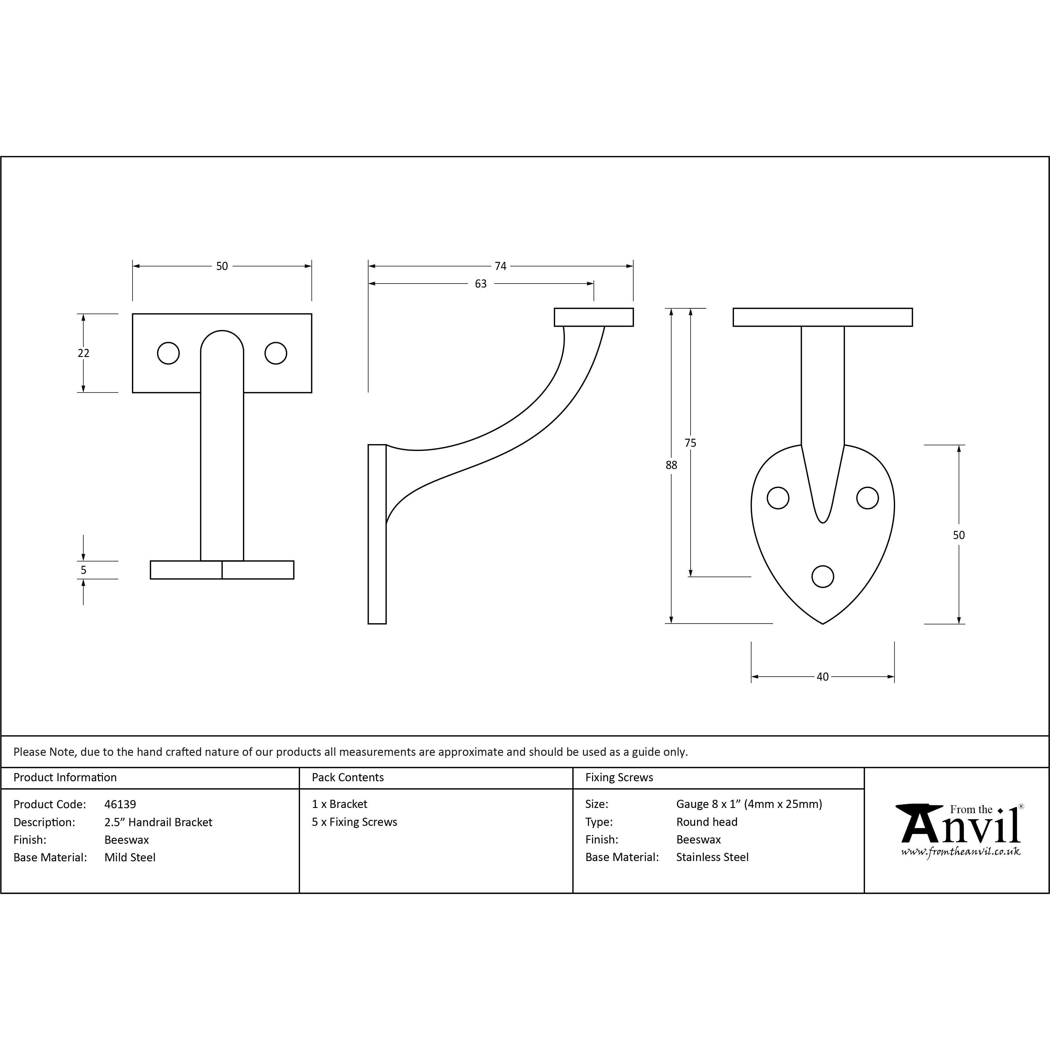 Beeswax 2.5" Handrail Bracket | From The Anvil-Handrail Brackets-Yester Home
