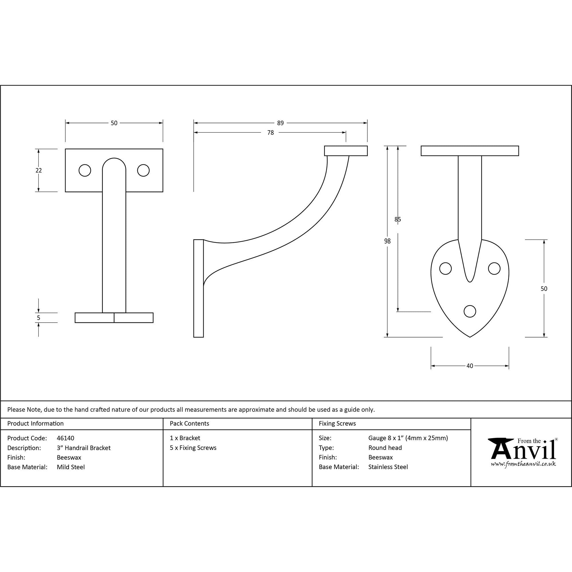 Beeswax 3" Handrail Bracket | From The Anvil - Handrail Brackets - From The Anvil - Yester Home