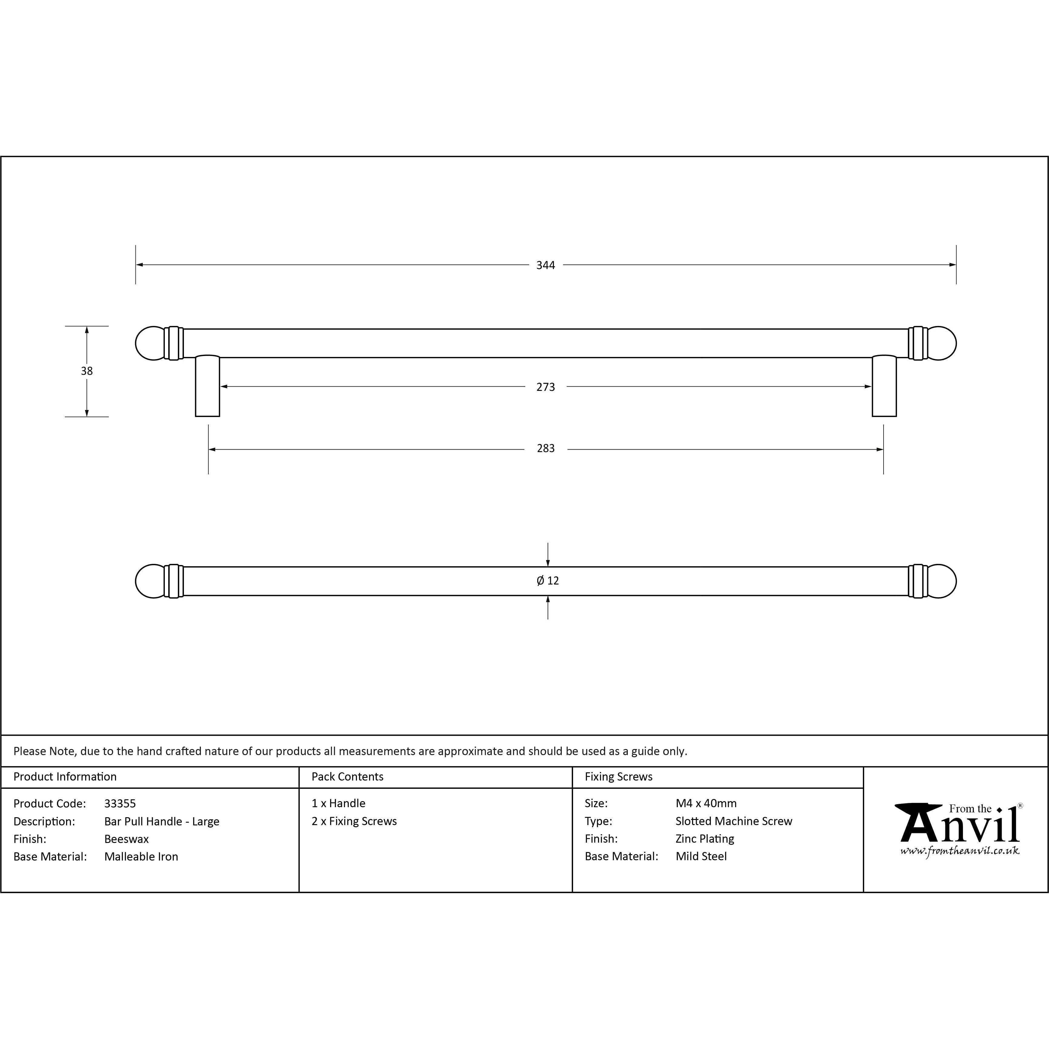 Beeswax 344mm Bar Pull Handle | From The Anvil-Pull Handles-Yester Home