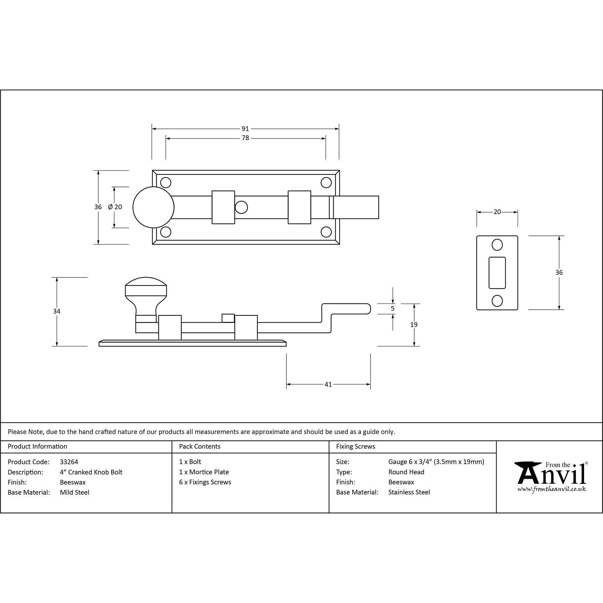 Beeswax 4" Cranked Knob Bolt | From The Anvil - Bolts - From The Anvil - Yester Home
