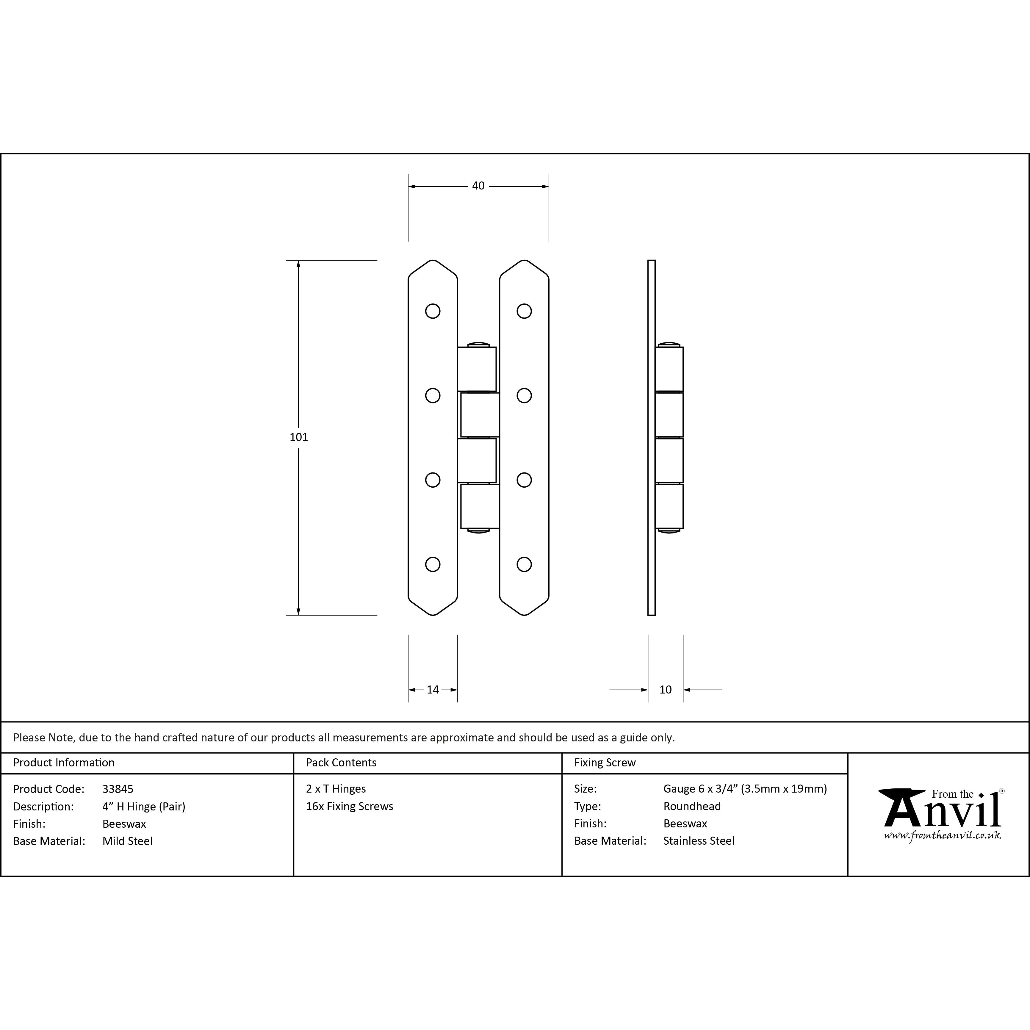 Beeswax 4" H Hinge (pair) | From The Anvil-H & HL Hinges-Yester Home