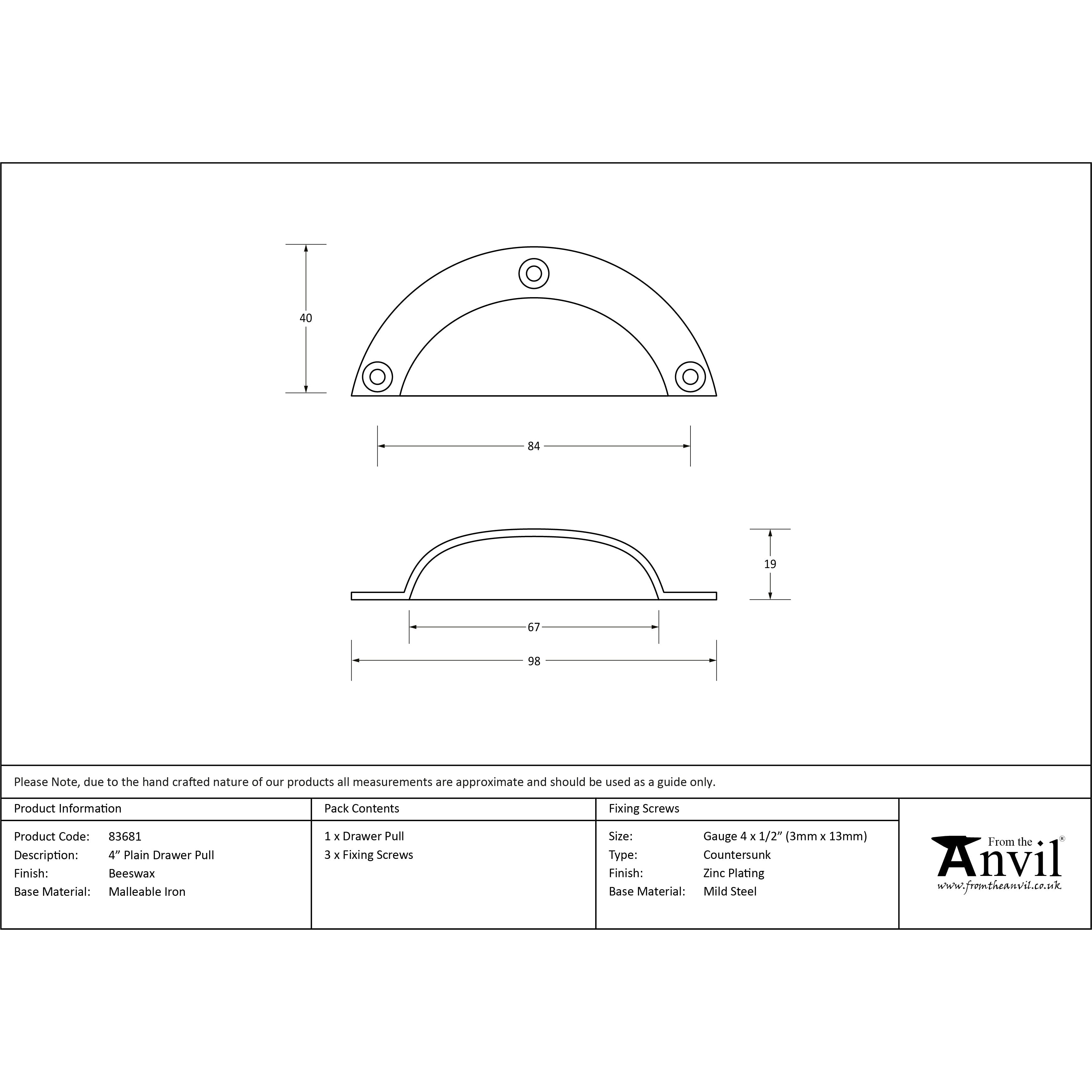 Beeswax 4" Plain Drawer Pull | From The Anvil-Drawer Pulls-Yester Home