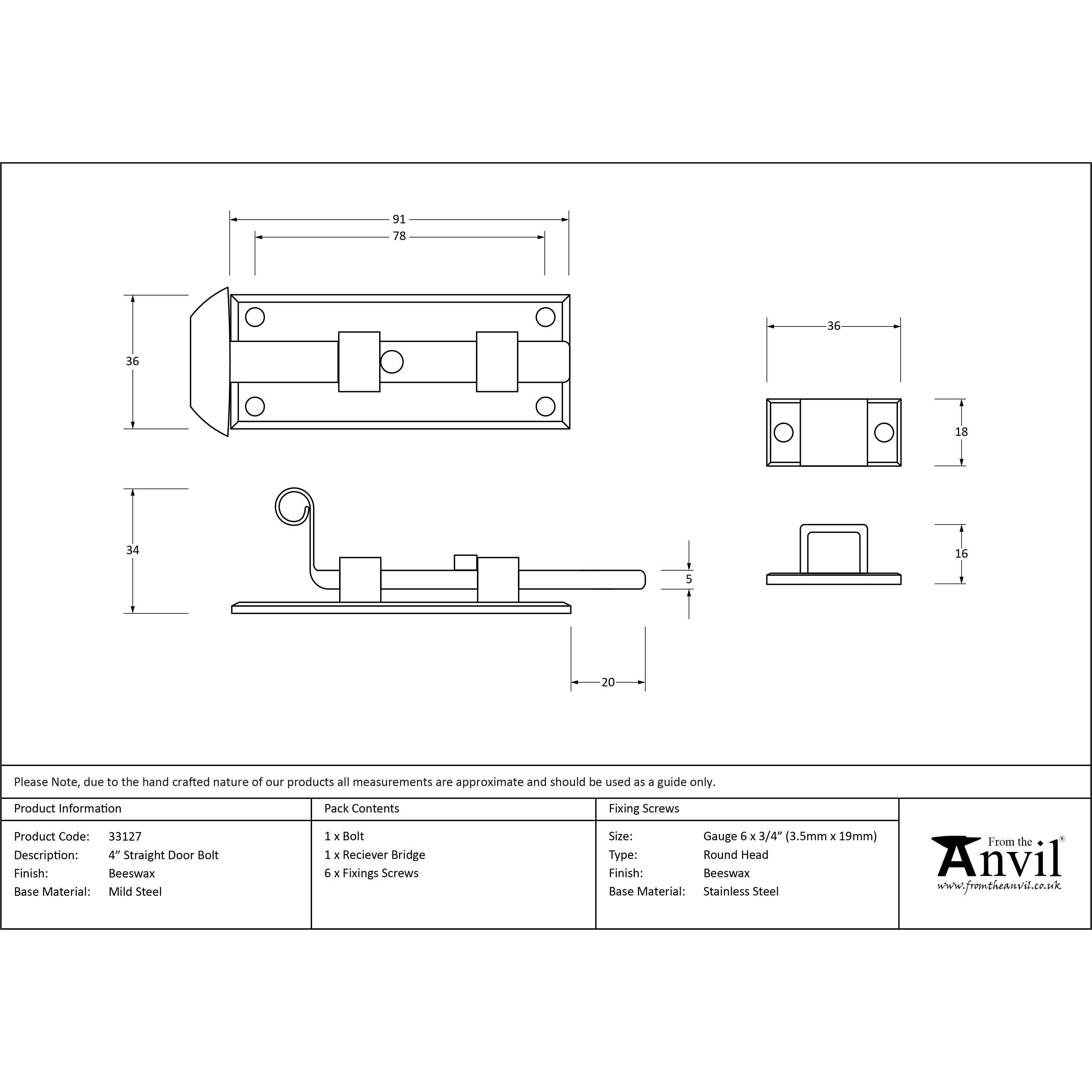 Beeswax 4" Straight Door Bolt | From The Anvil-Bolts-Yester Home