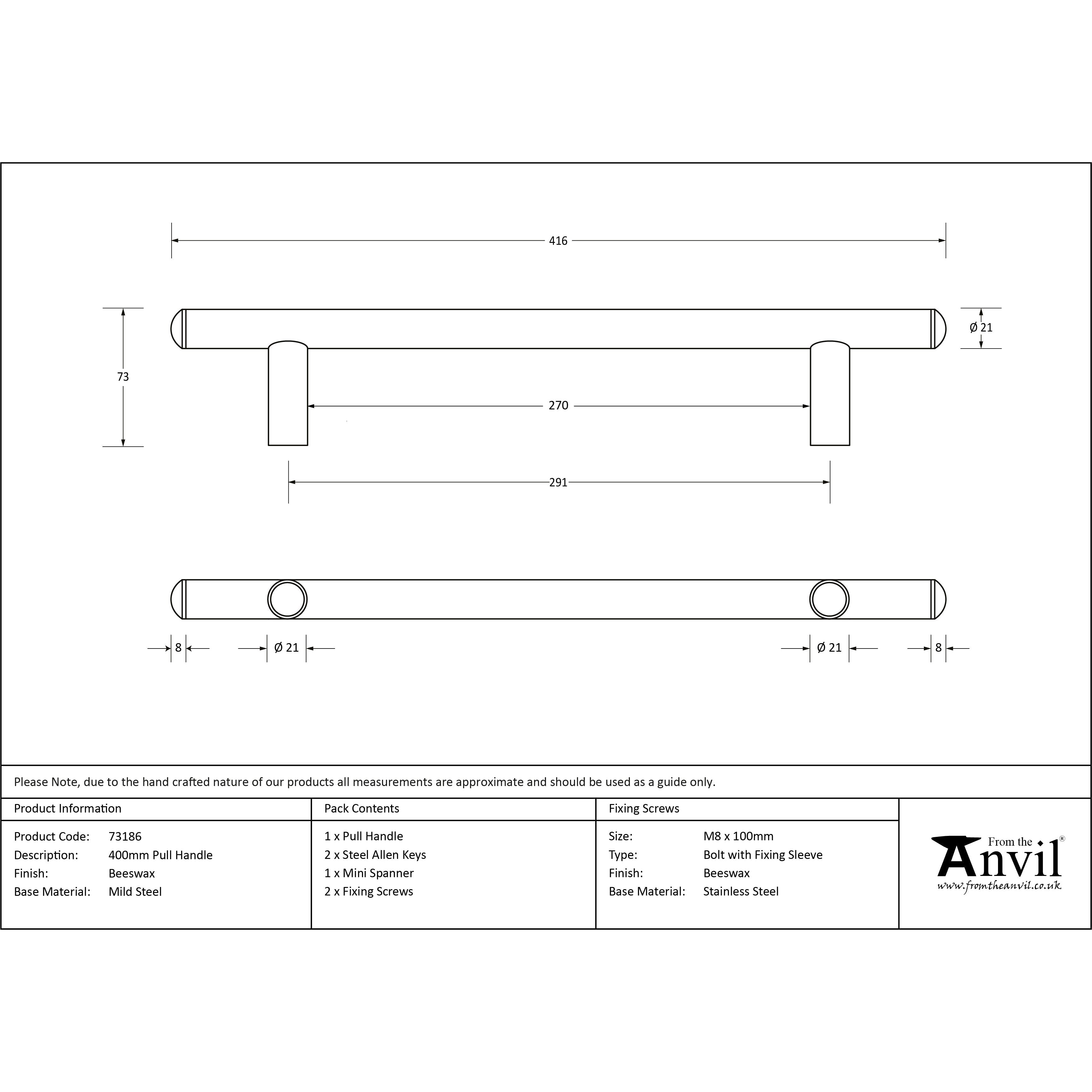 Beeswax 400mm Pull Handle | From The Anvil-Pull Handles-Yester Home