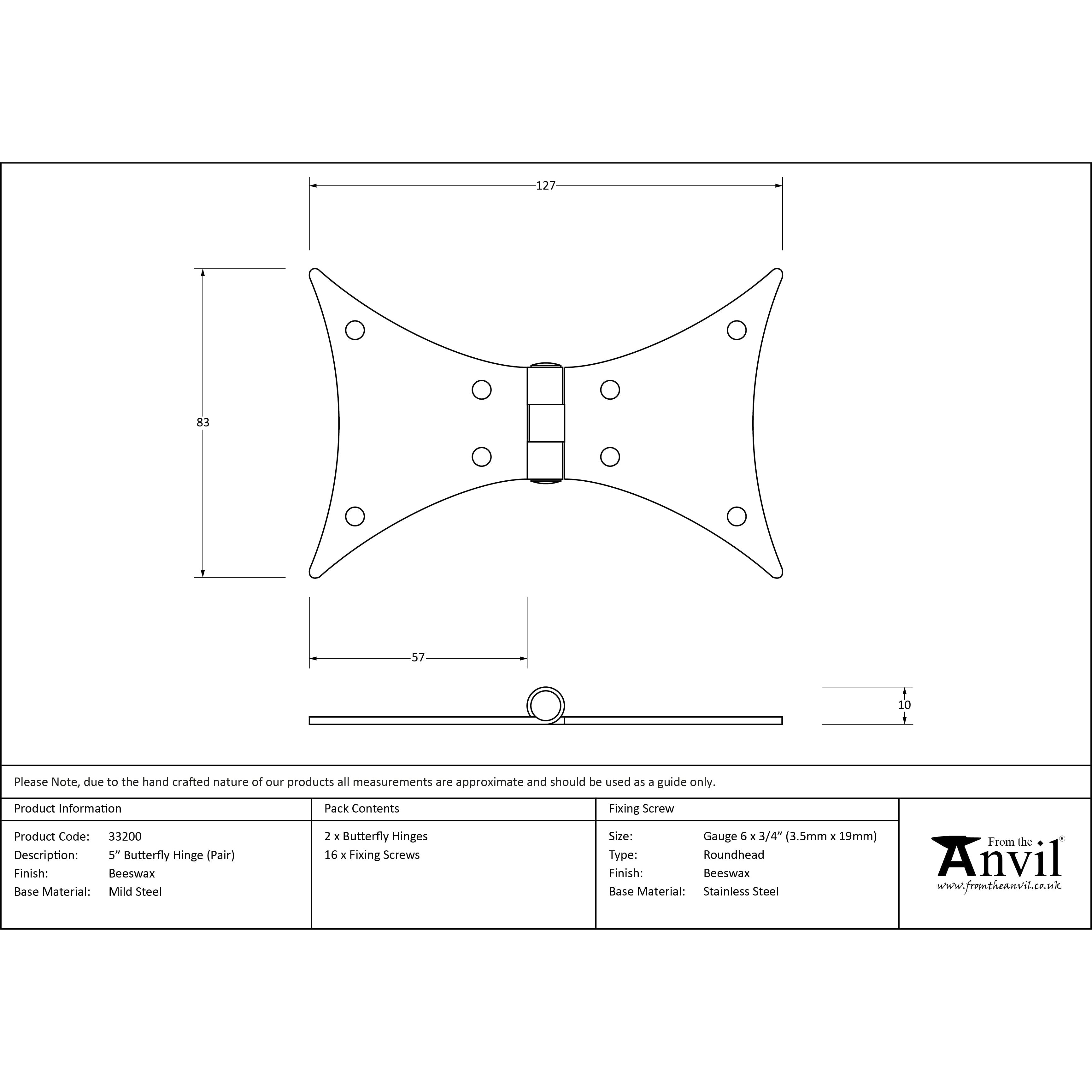 Beeswax 5" Butterfly Hinge (pair) | From The Anvil-Butterfly Hinges-Yester Home