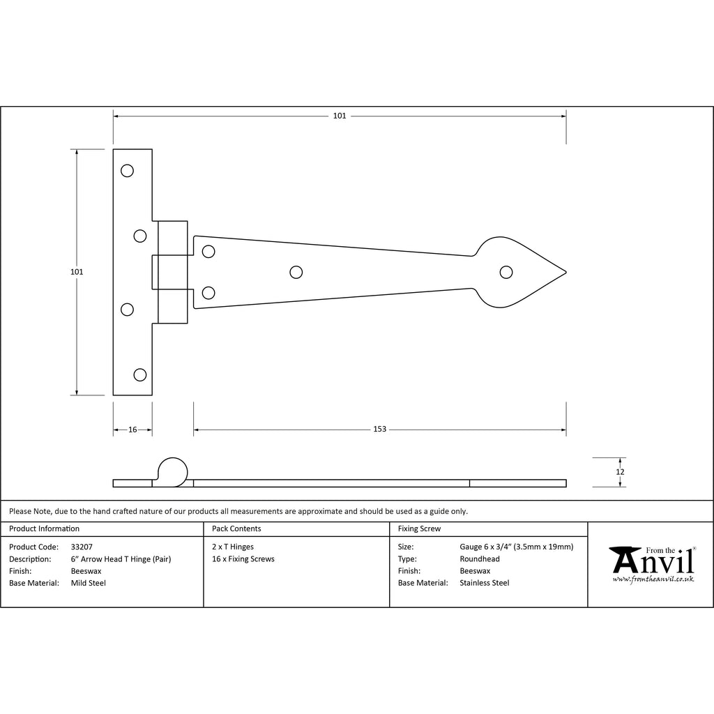 Beeswax 6" Arrow Head T Hinge (pair) | From The Anvil-T Hinges-Yester Home