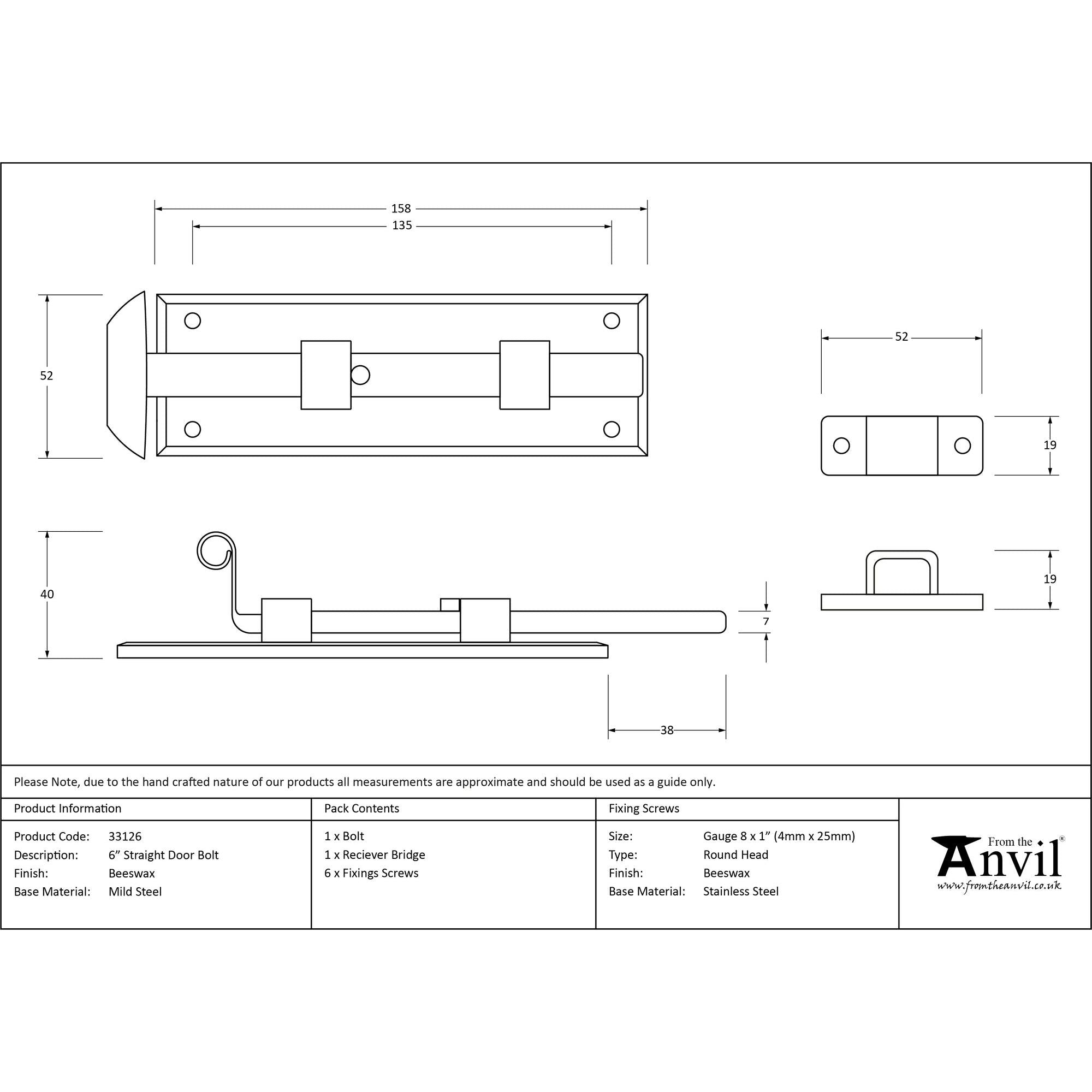 Beeswax 6" Straight Door Bolt | From The Anvil - Bolts - From The Anvil - Yester Home