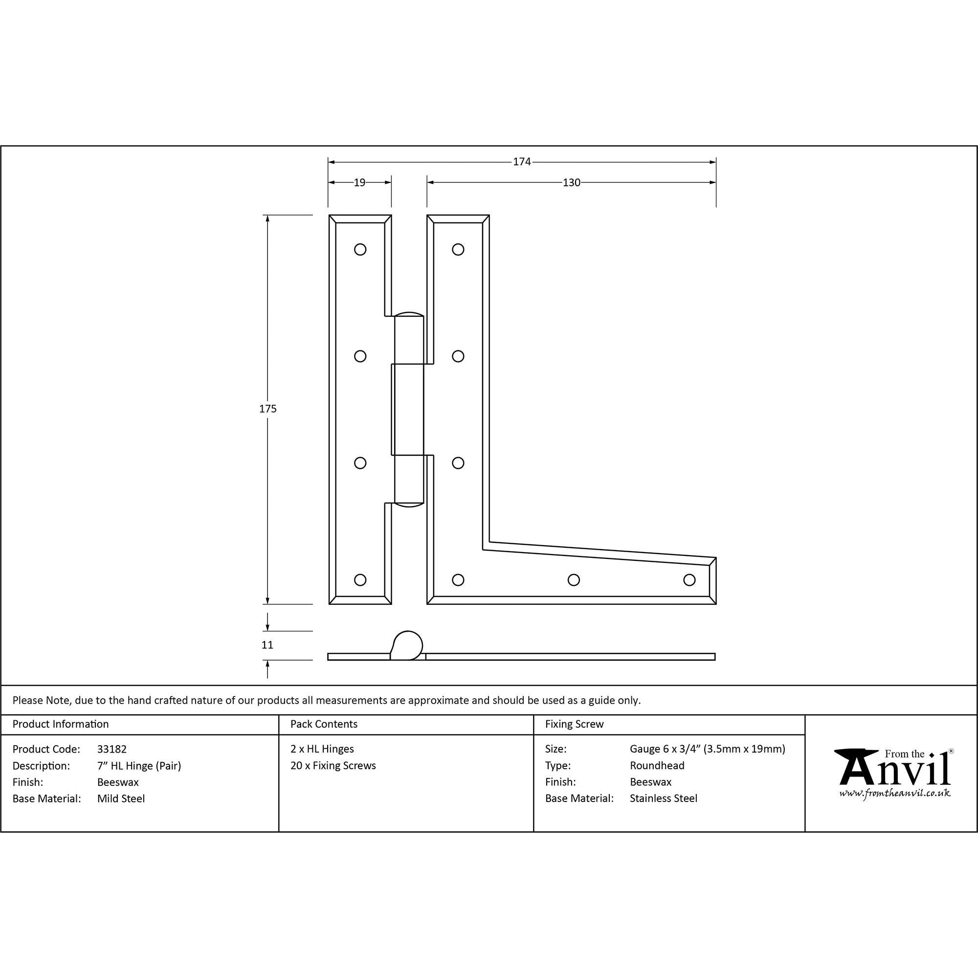 Beeswax 7" HL Hinge (pair) | From The Anvil - H & HL Hinges - From The Anvil - Yester Home