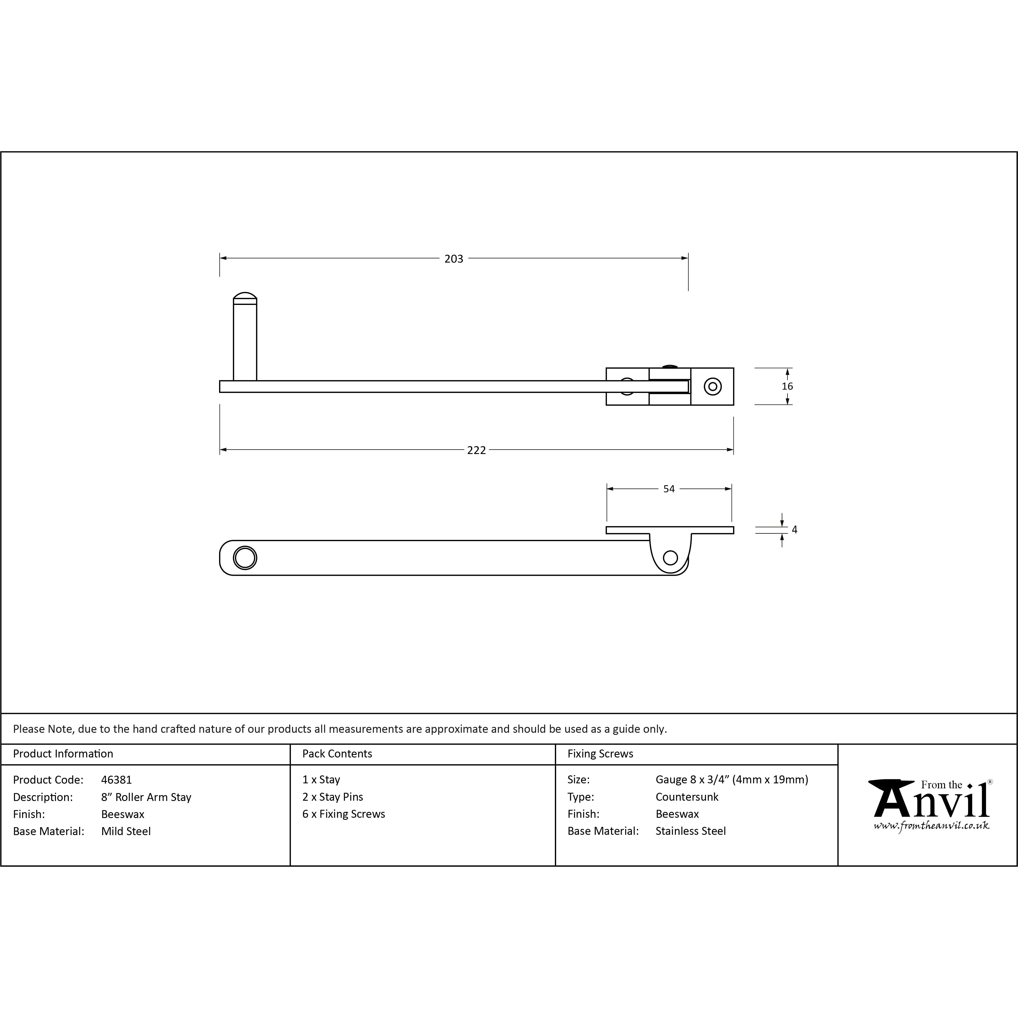 Beeswax 8" Roller Arm Stay | From The Anvil-Stays-Yester Home