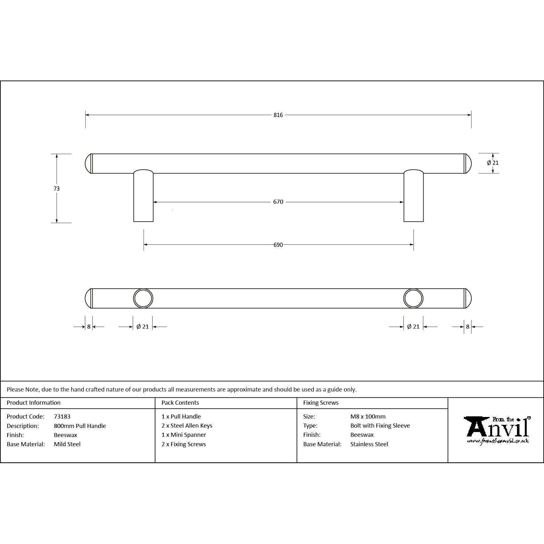 Beeswax 800mm Pull Handle | From The Anvil - Door Pull Handles - From The Anvil - Yester Home