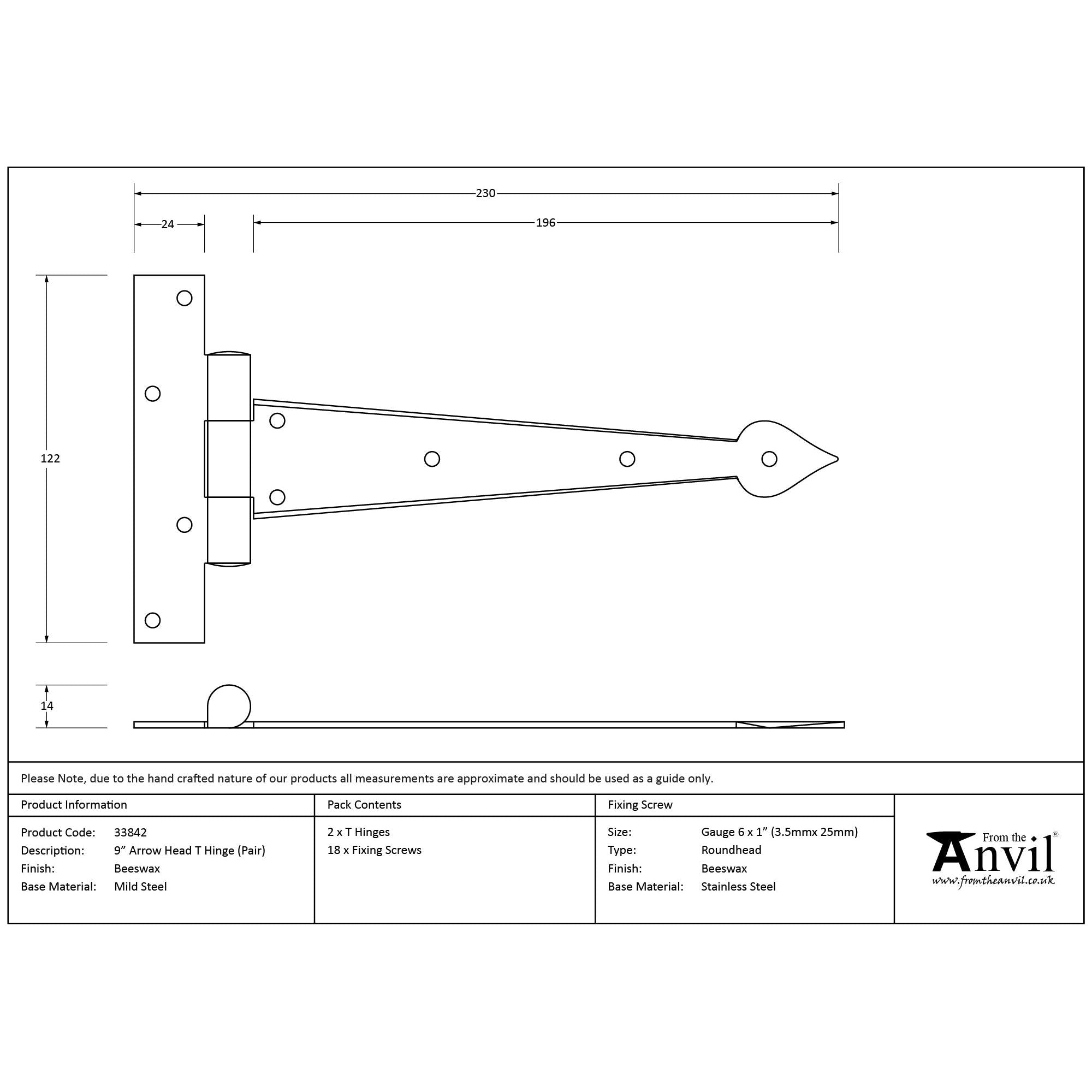 Beeswax 9" Arrow Head T Hinge (pair) | From The Anvil - T Hinges - From The Anvil - Yester Home