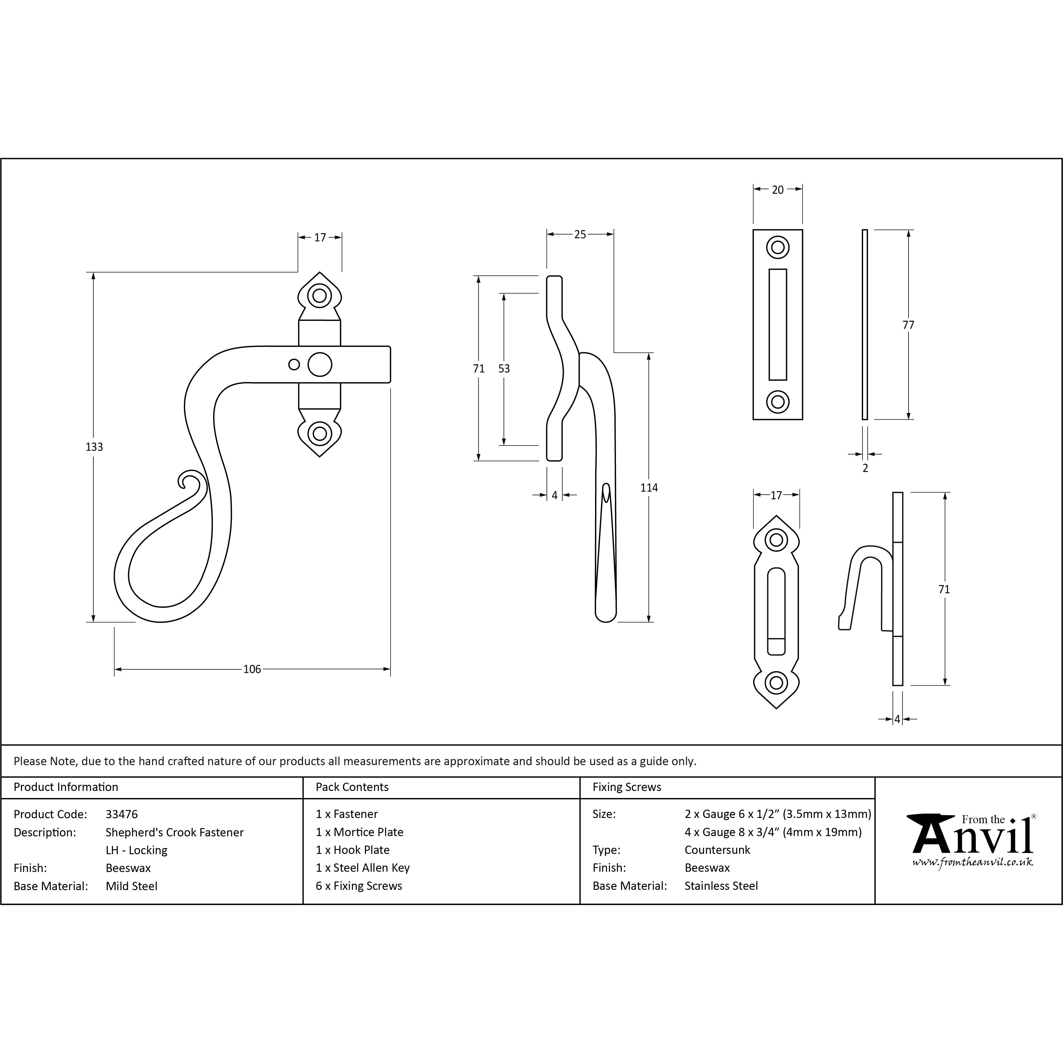 Beeswax Locking Shepherd's Crook Fastener - LH | From The Anvil-Locking Fasteners-Yester Home