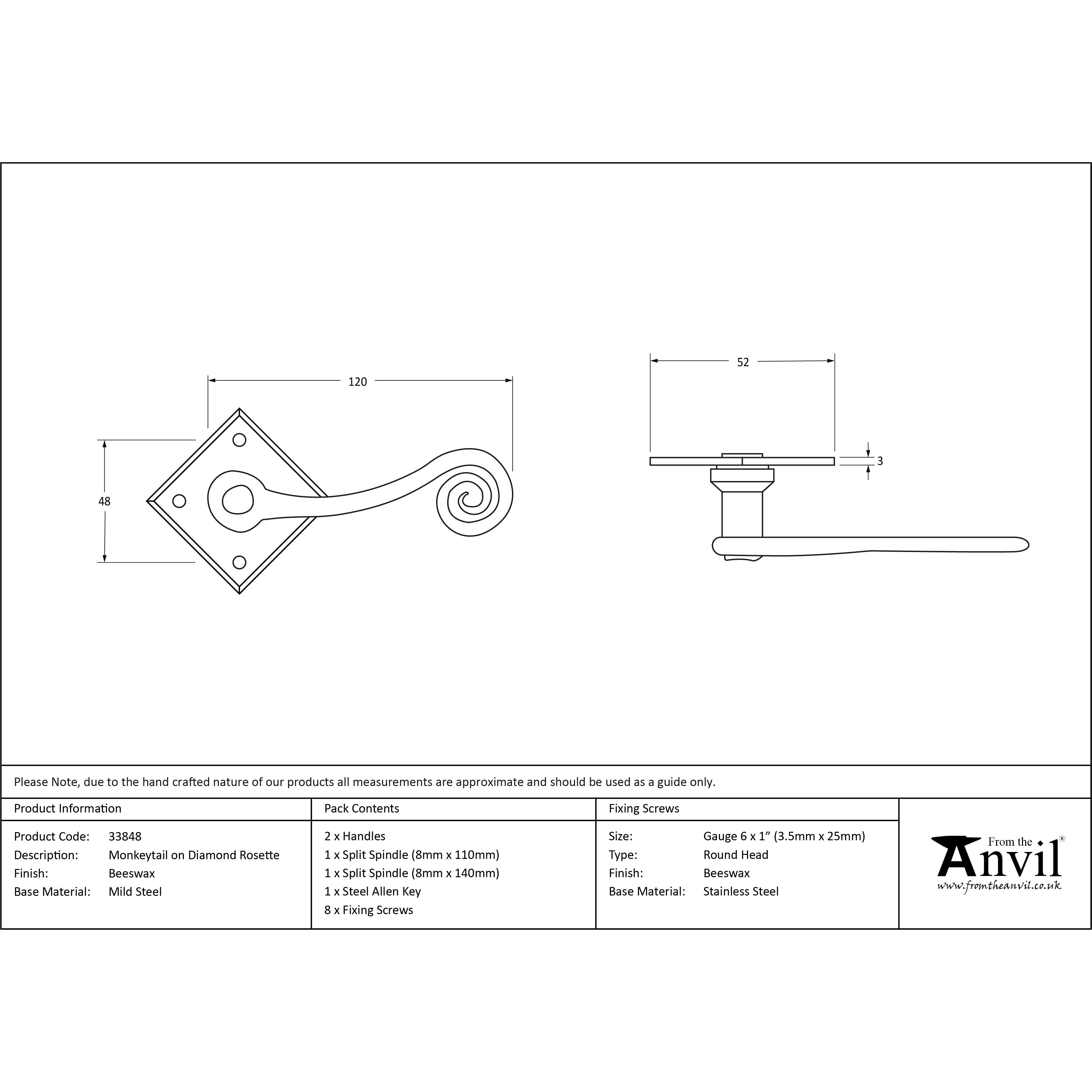 Beeswax Monkeytail Lever on Rose Set (Diamond) | From The Anvil-Lever on Rose-Yester Home