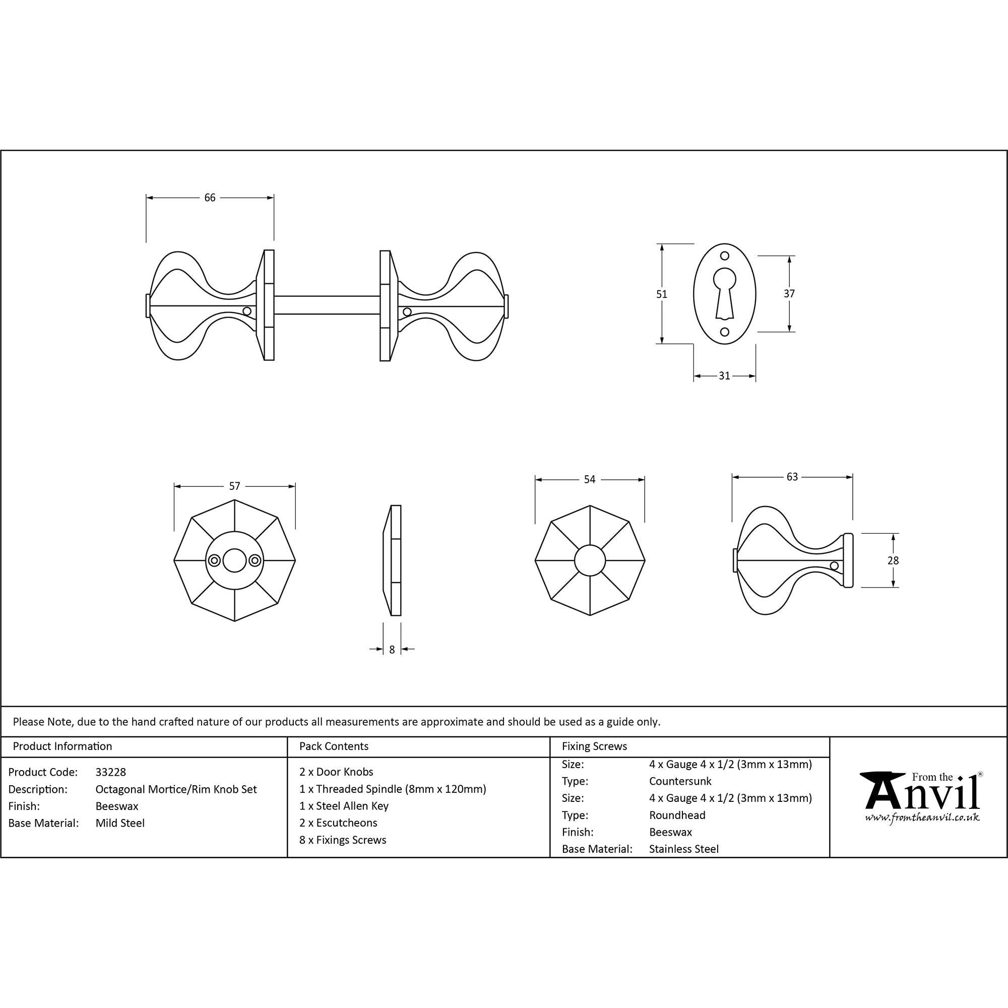 Beeswax Octagonal Mortice/Rim Knob Set | From The Anvil - Mortice Knobs - From The Anvil - Yester Home