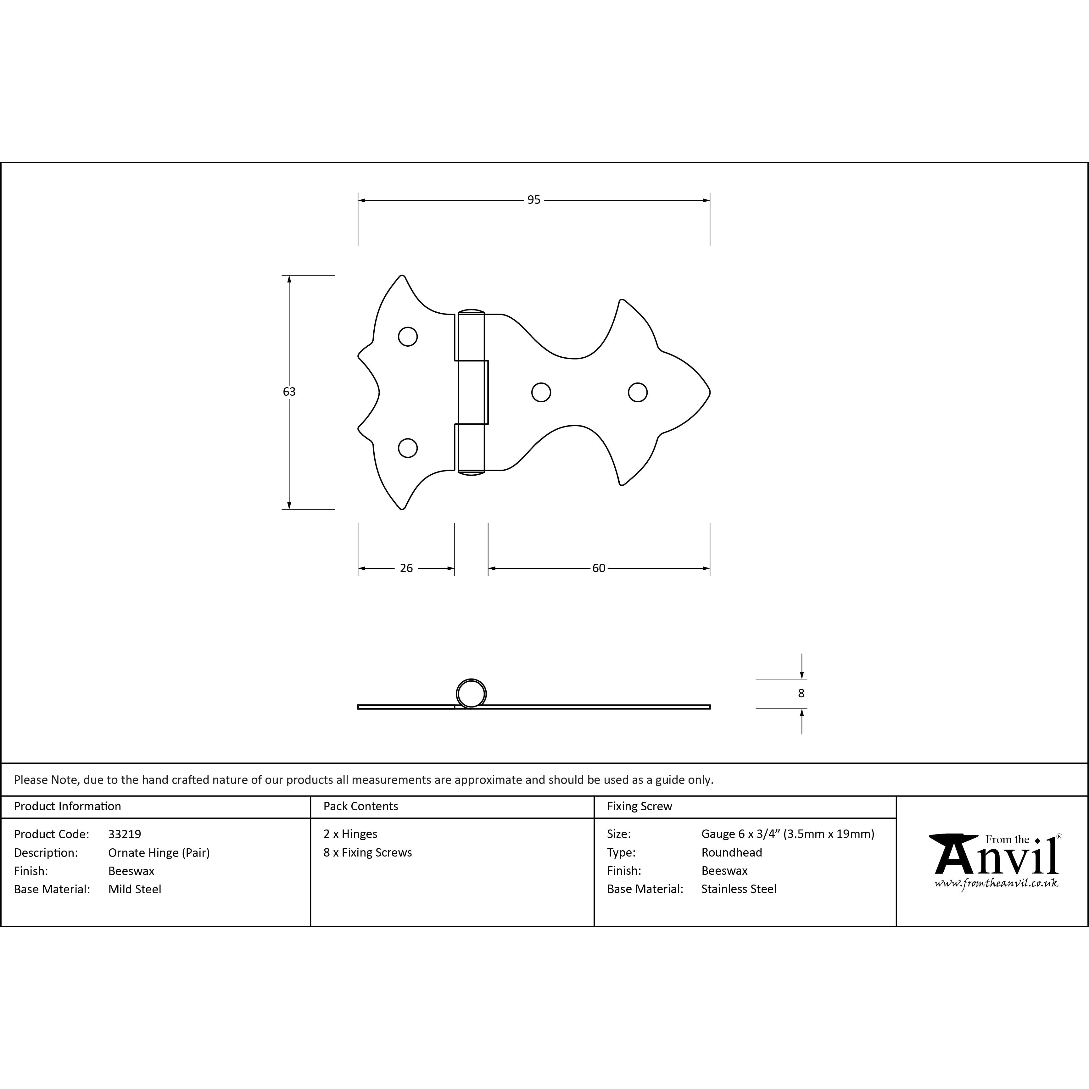 Beeswax Ornate Hinge (pair) | From The Anvil-Ornate Hinges-Yester Home
