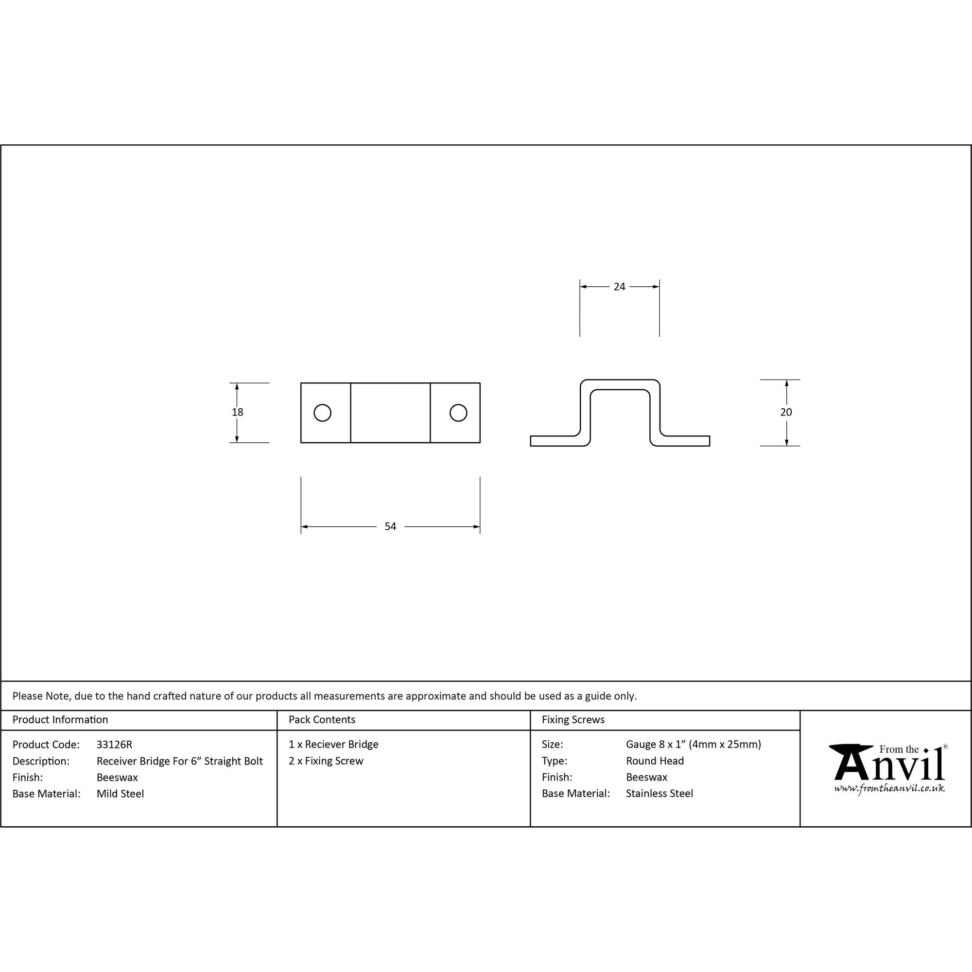 Beeswax Receiver Bridge for 6" Straight Door Bolt | From The Anvil - Bolt Accessories - From The Anvil - Yester Home