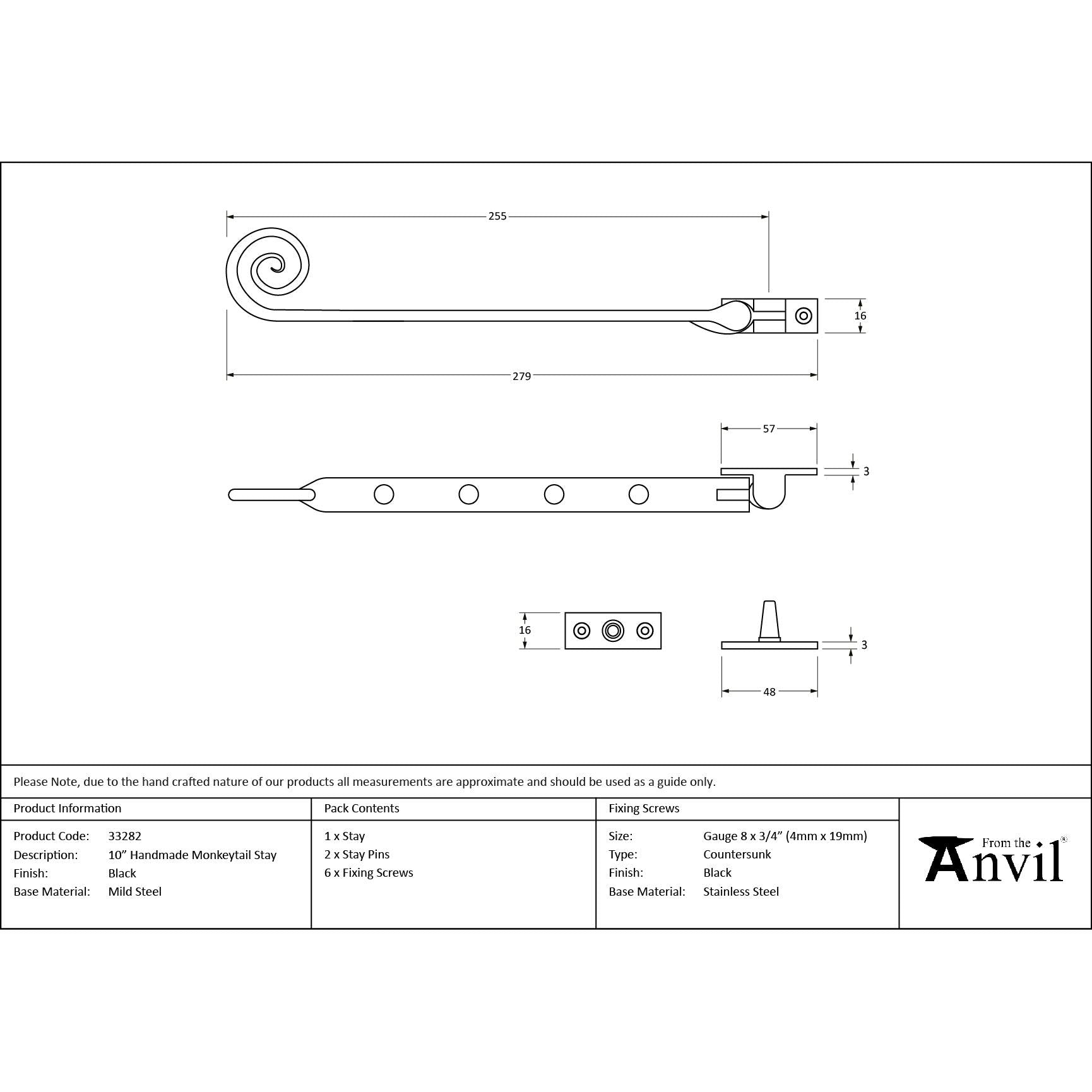 Black 10" Handmade Monkeytail Stay | From The Anvil - Stays - From The Anvil - Yester Home