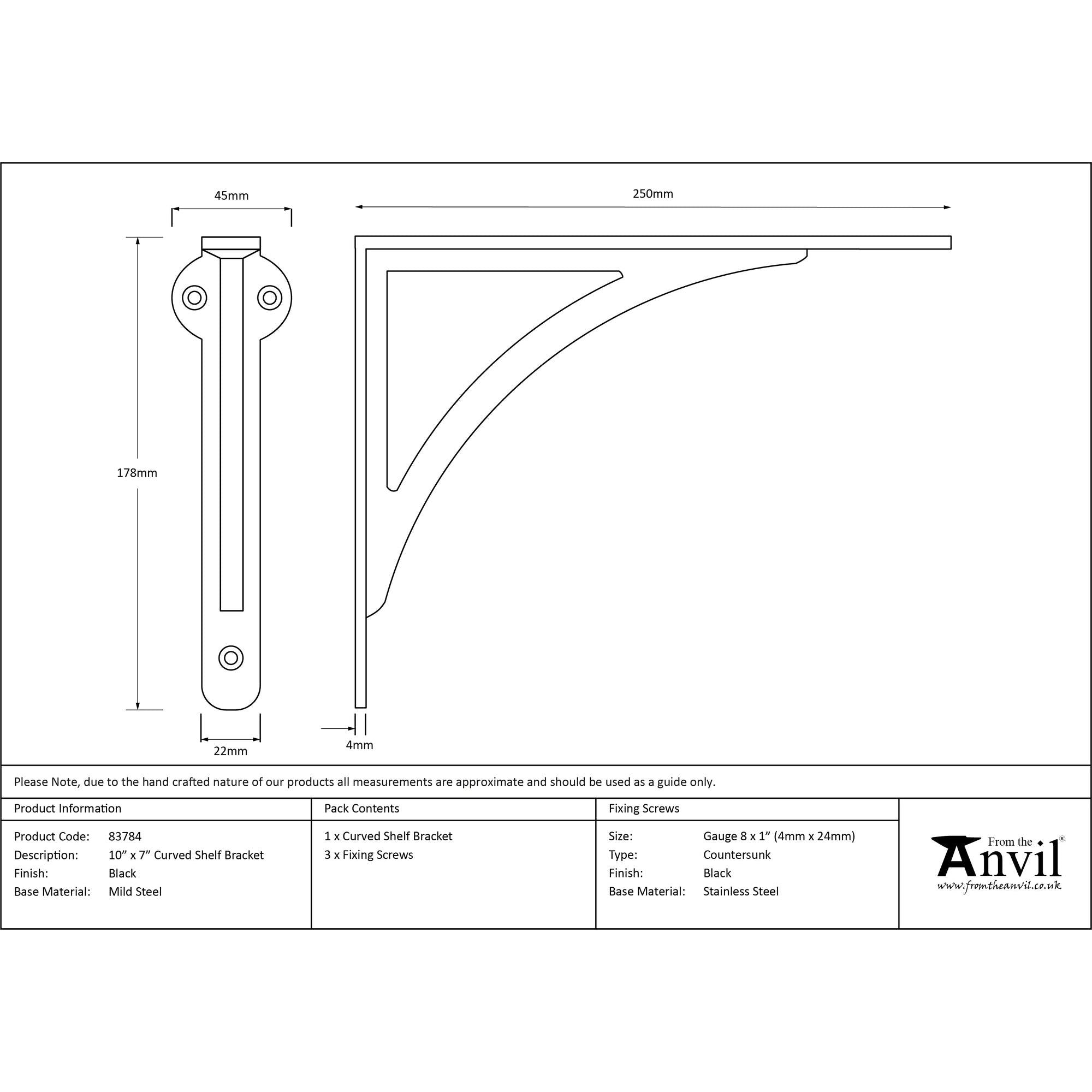 Black 10'' x 7'' Curved Shelf Bracket | From The Anvil - 9 - 10" Shelf Brackets - From The Anvil - Yester Home