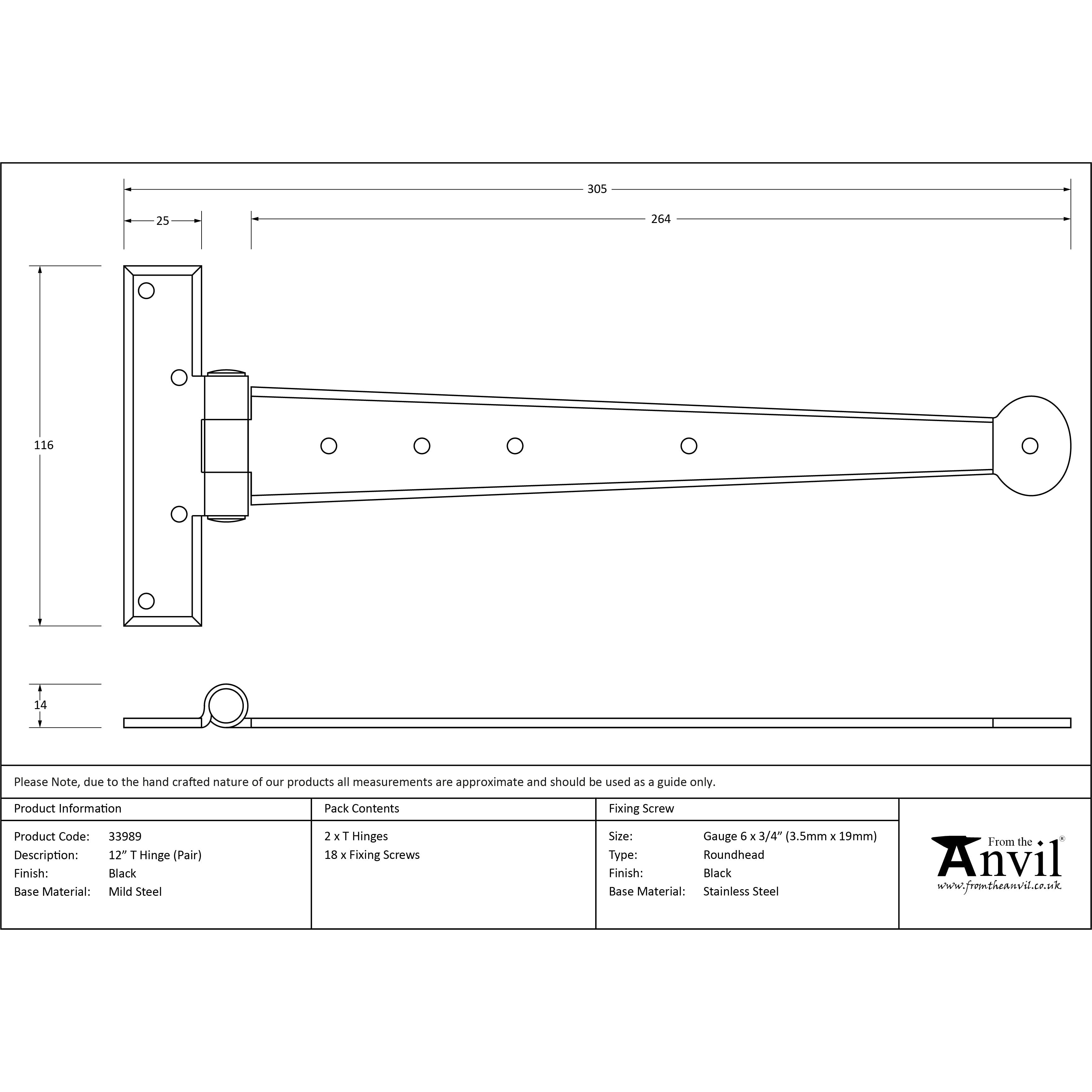Black 12" Penny End T Hinge (pair) | From The Anvil-T Hinges-Yester Home