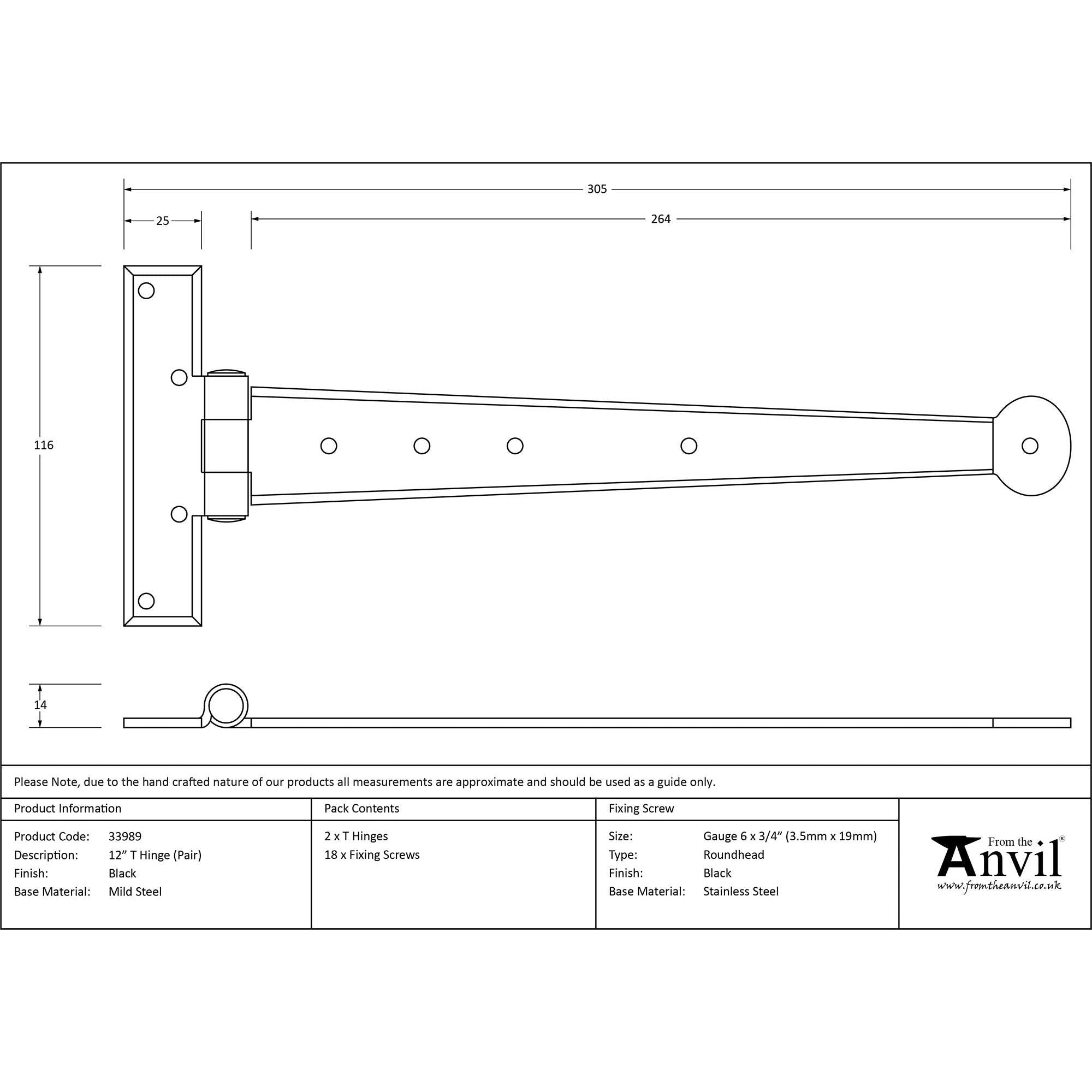 Black 12" Penny End T Hinge (pair) | From The Anvil - T Hinges - From The Anvil - Yester Home