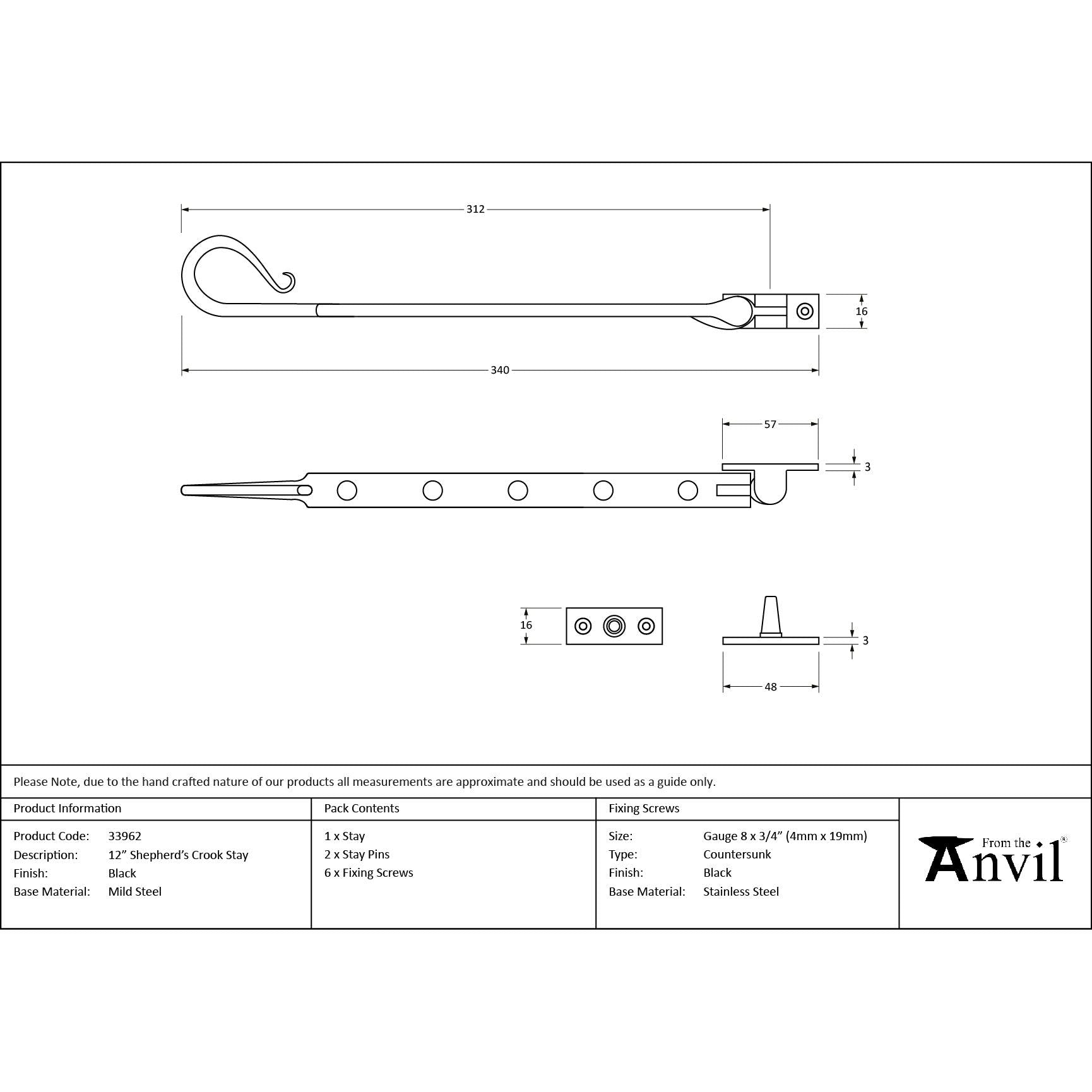 Black 12" Shepherd's Crook Stay | From The Anvil - Stays - From The Anvil - Yester Home