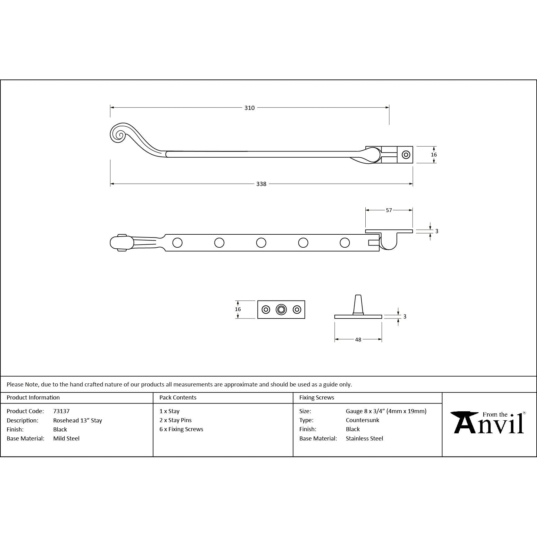 Black 13" Rosehead Stay | From The Anvil - Stays - From The Anvil - Yester Home