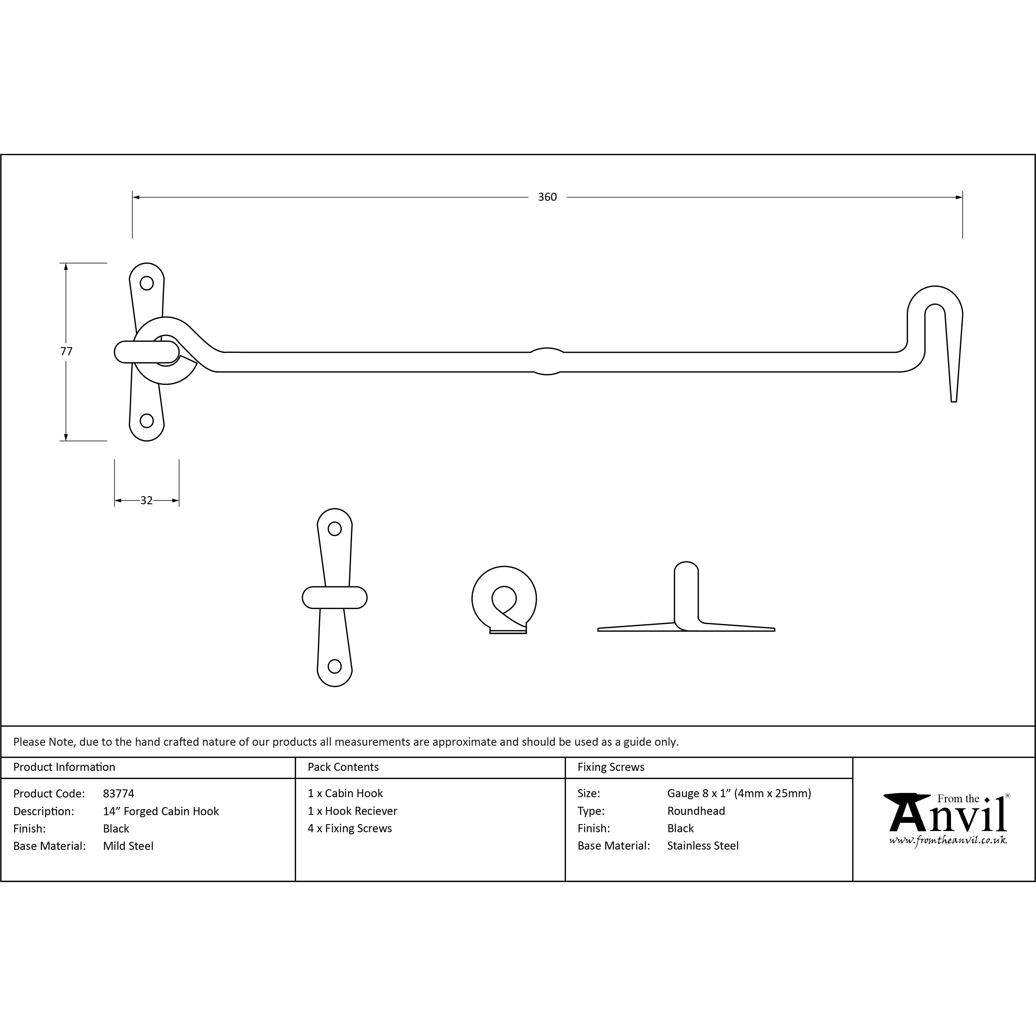 Black 14" Forged Cabin Hook | From The Anvil-Cabin Hooks-Yester Home