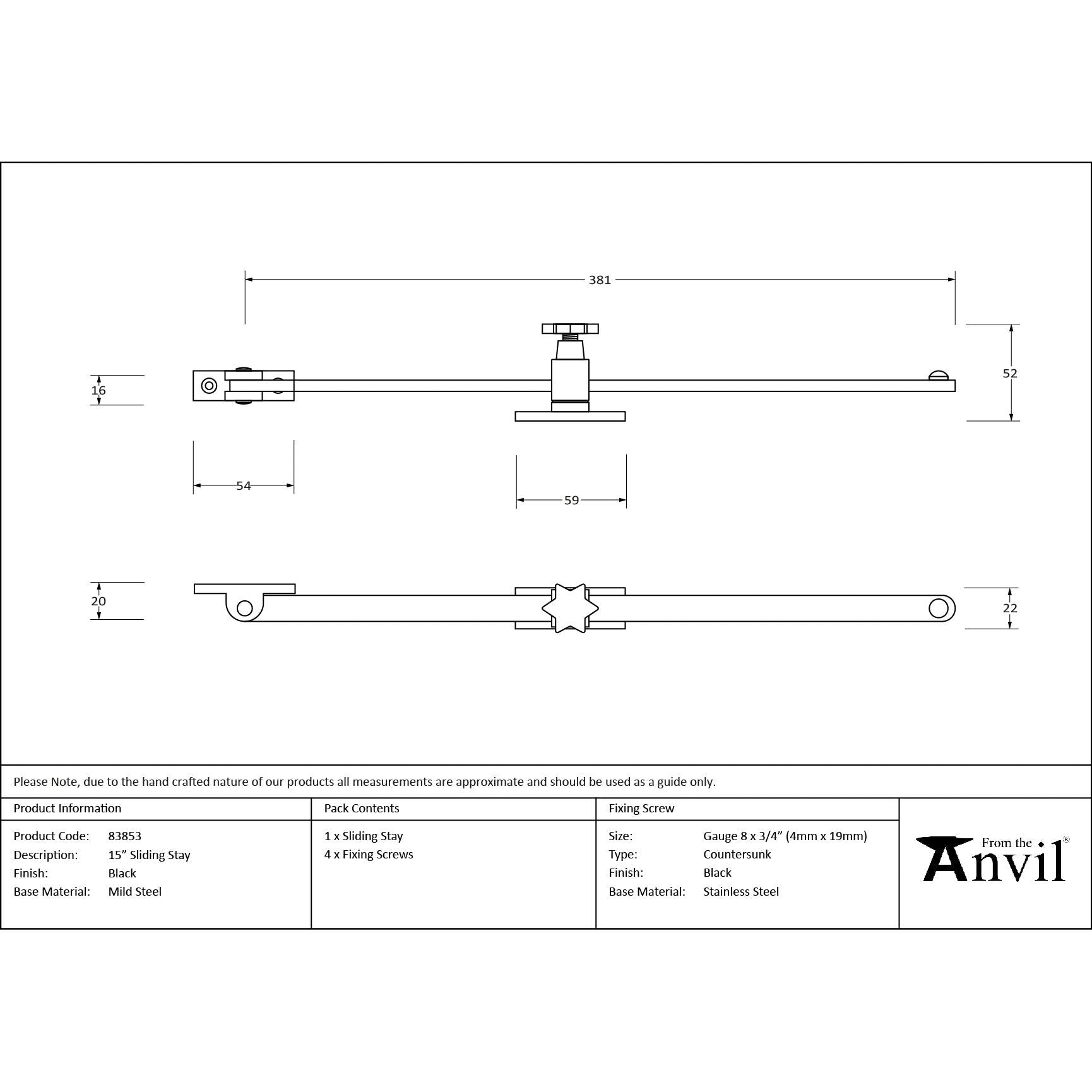 Black 15" Sliding Stay | From The Anvil - Stays - From The Anvil - Yester Home