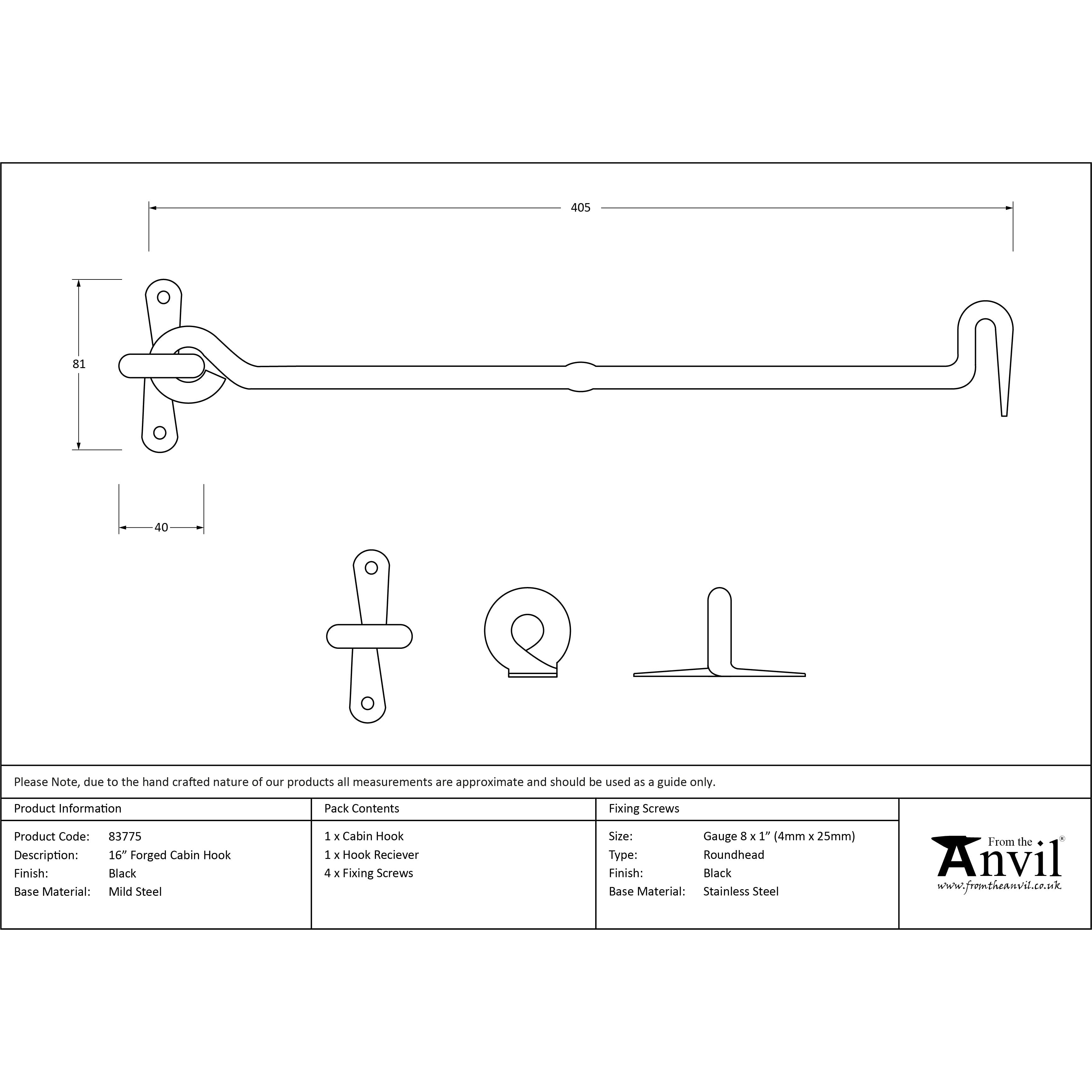Black 16" Forged Cabin Hook | From The Anvil-Cabin Hooks-Yester Home