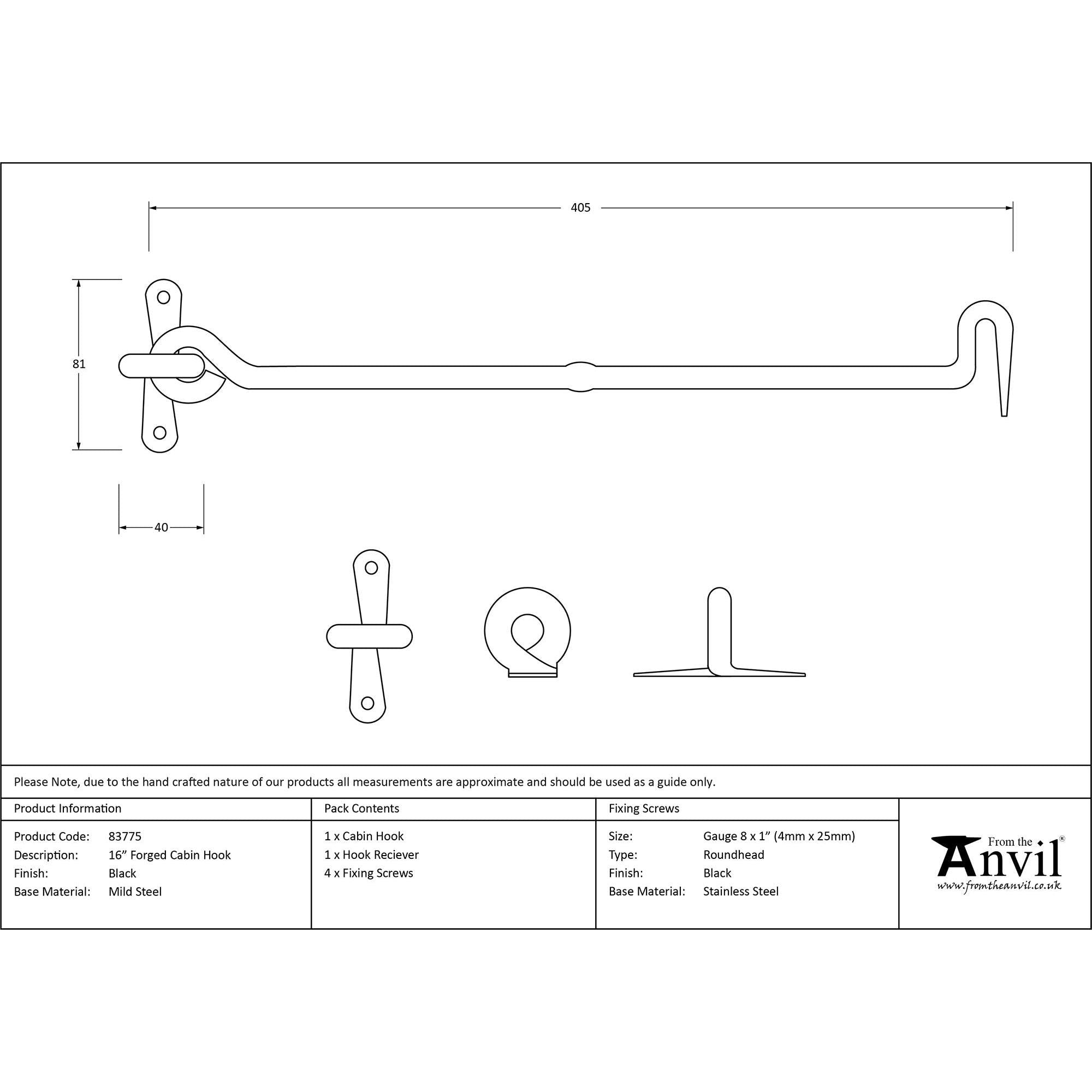 Black 16" Forged Cabin Hook | From The Anvil - Cabin Hooks - From The Anvil - Yester Home