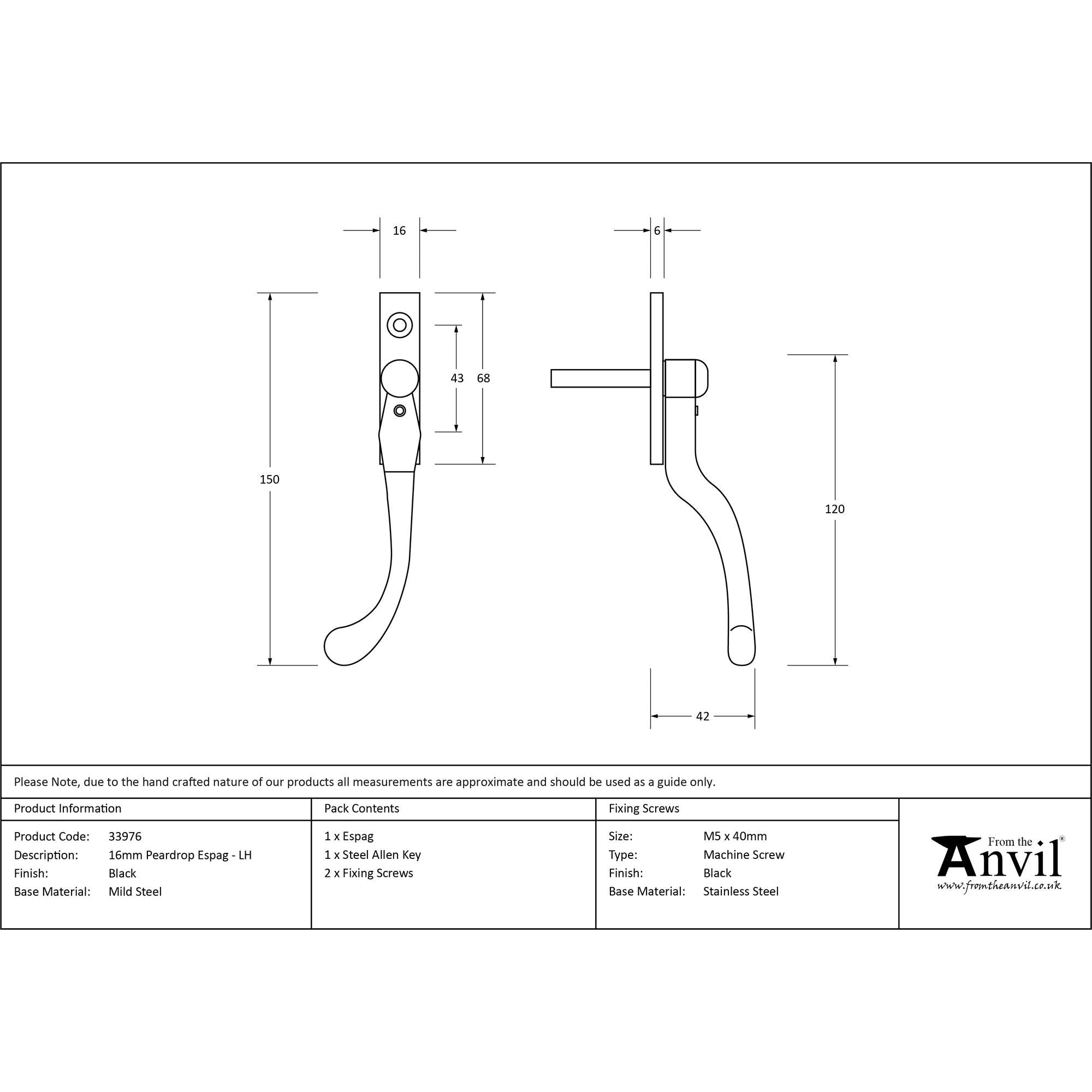 Black 16mm Peardrop Espag - LH | From The Anvil - Espag. Fasteners - From The Anvil - Yester Home
