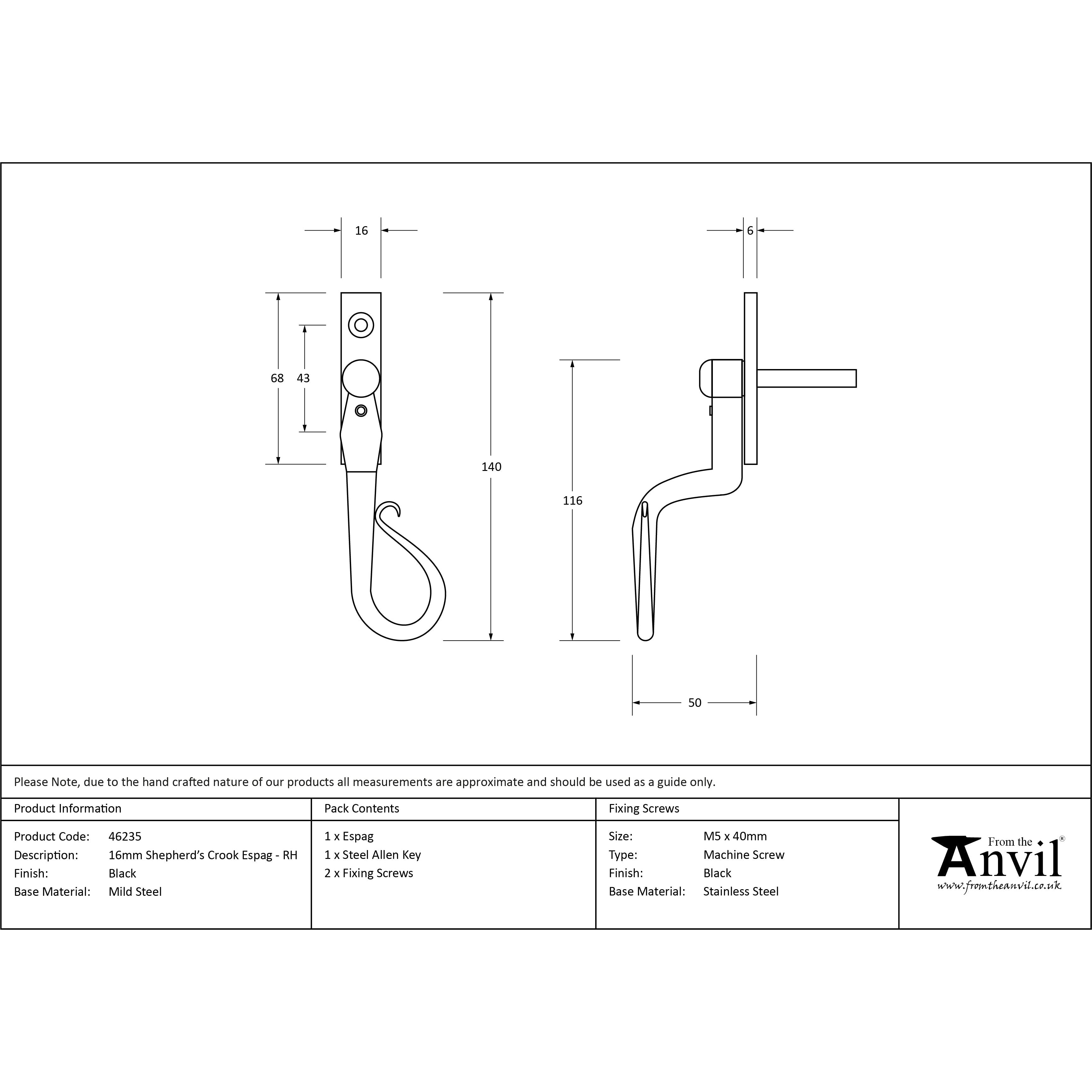 Black 16mm Shepherd's Crook Espag - RH | From The Anvil-Espag. Fasteners-Yester Home