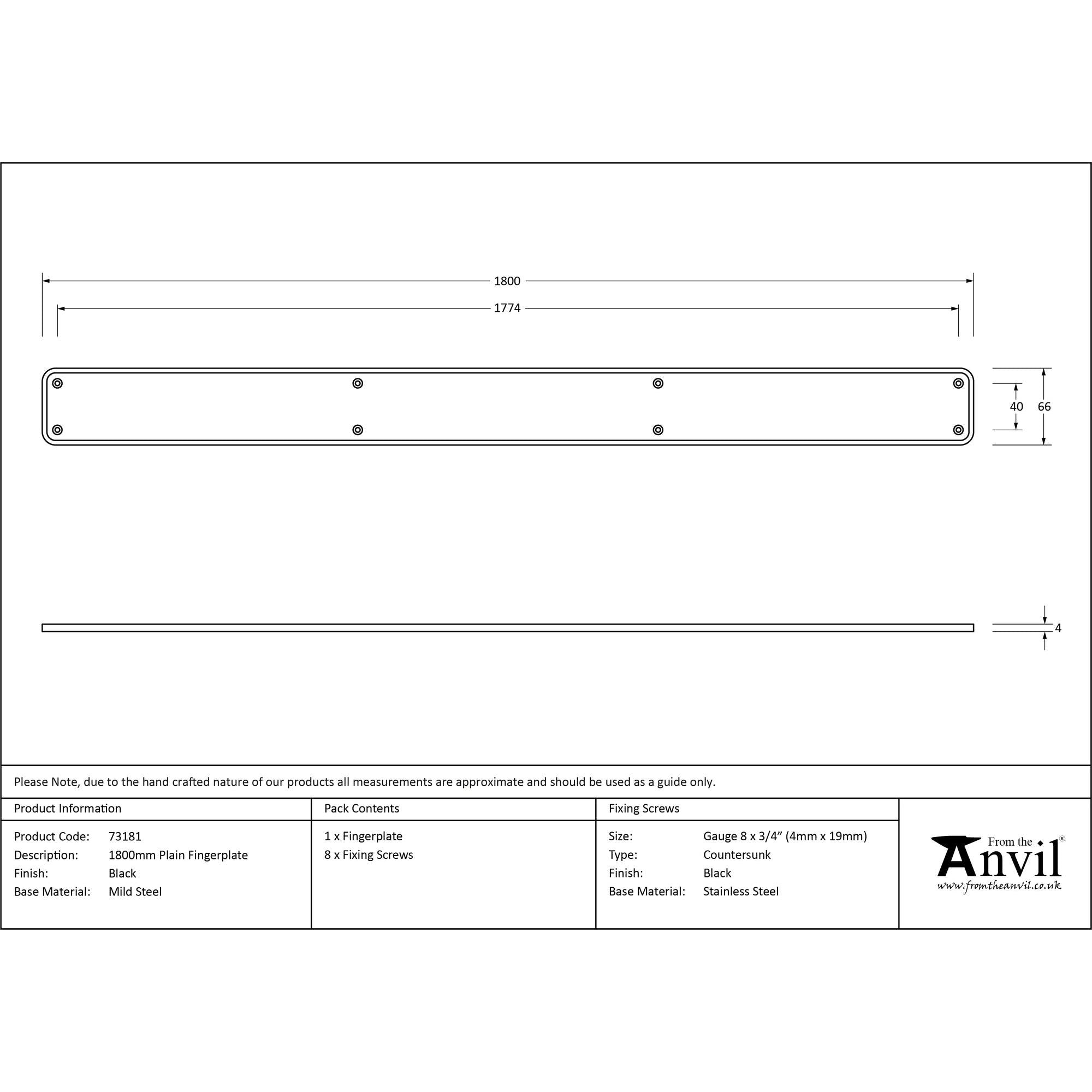 Black 1800mm Plain Fingerplate | From The Anvil - Fingerplates - From The Anvil - Yester Home