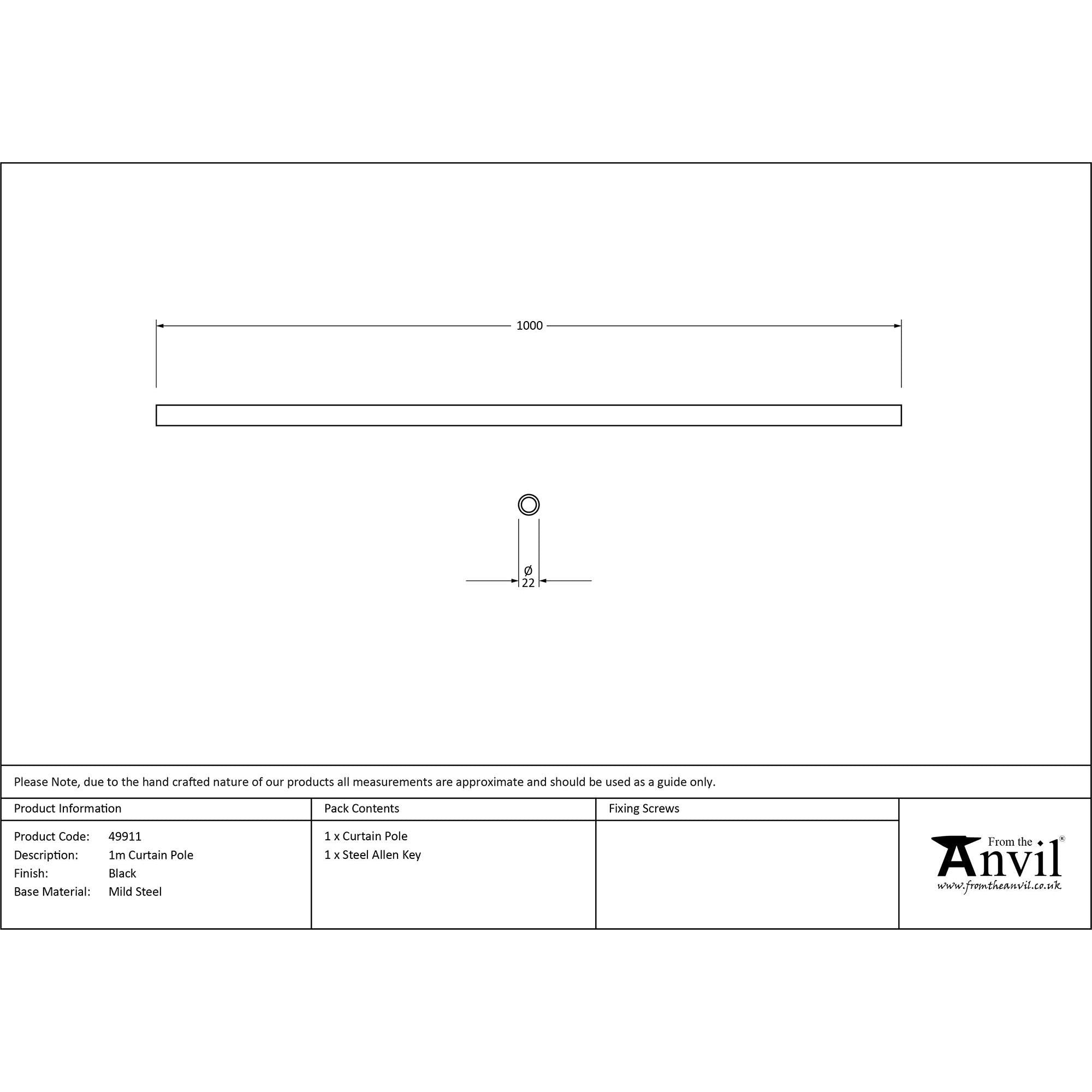 Black 1m Curtain Pole | From The Anvil - Poles - From The Anvil - Yester Home