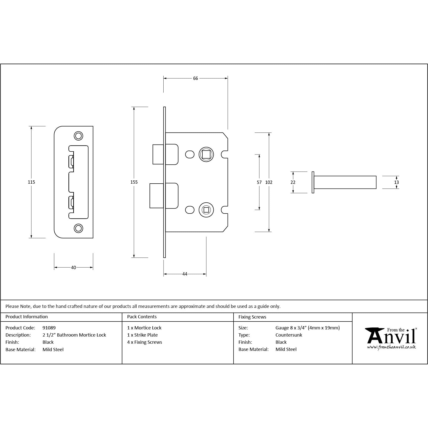 Black 2½" Bathroom Mortice Lock | From The Anvil-Bathroom Locks-Yester Home